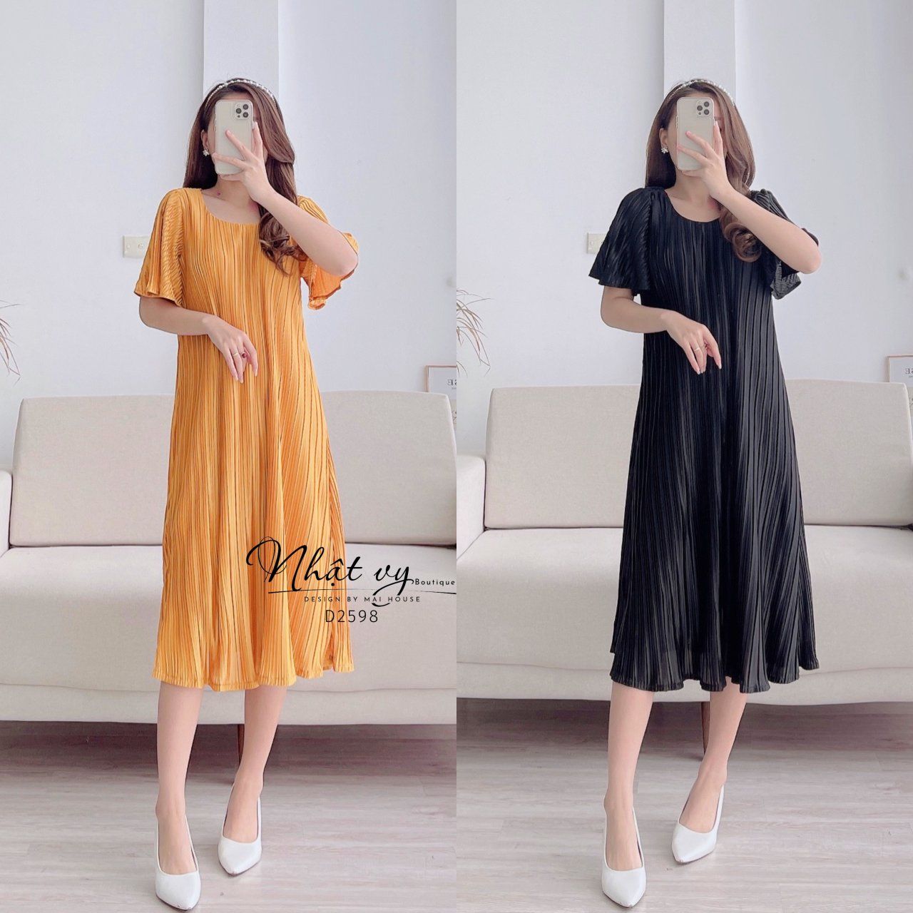 Đầm dáng suông dập ly cổ tròn tay cánh tiên - D2598