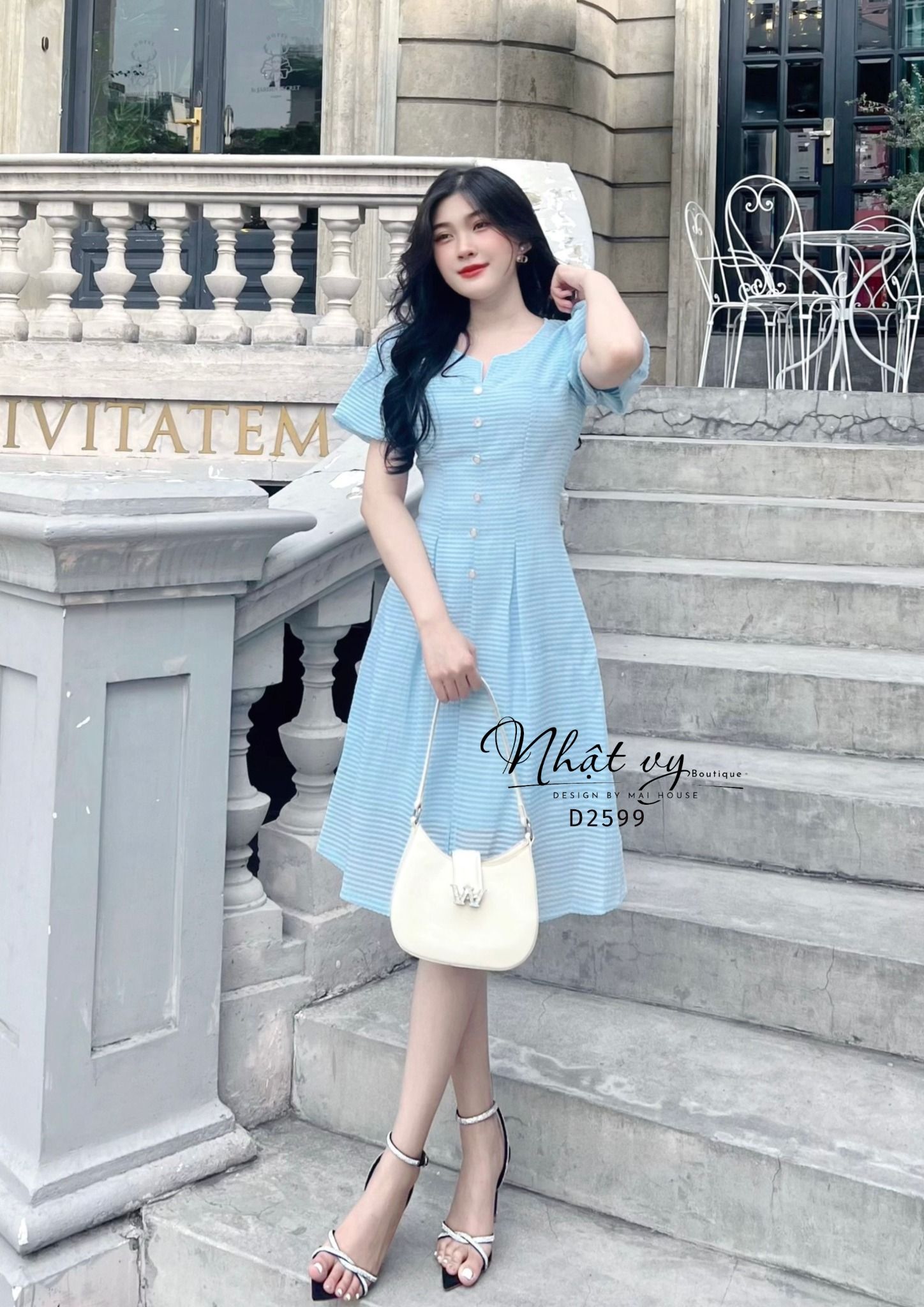 Đầm xốp cổ tròn cách điệu tay bí đính cúc giả - D2599