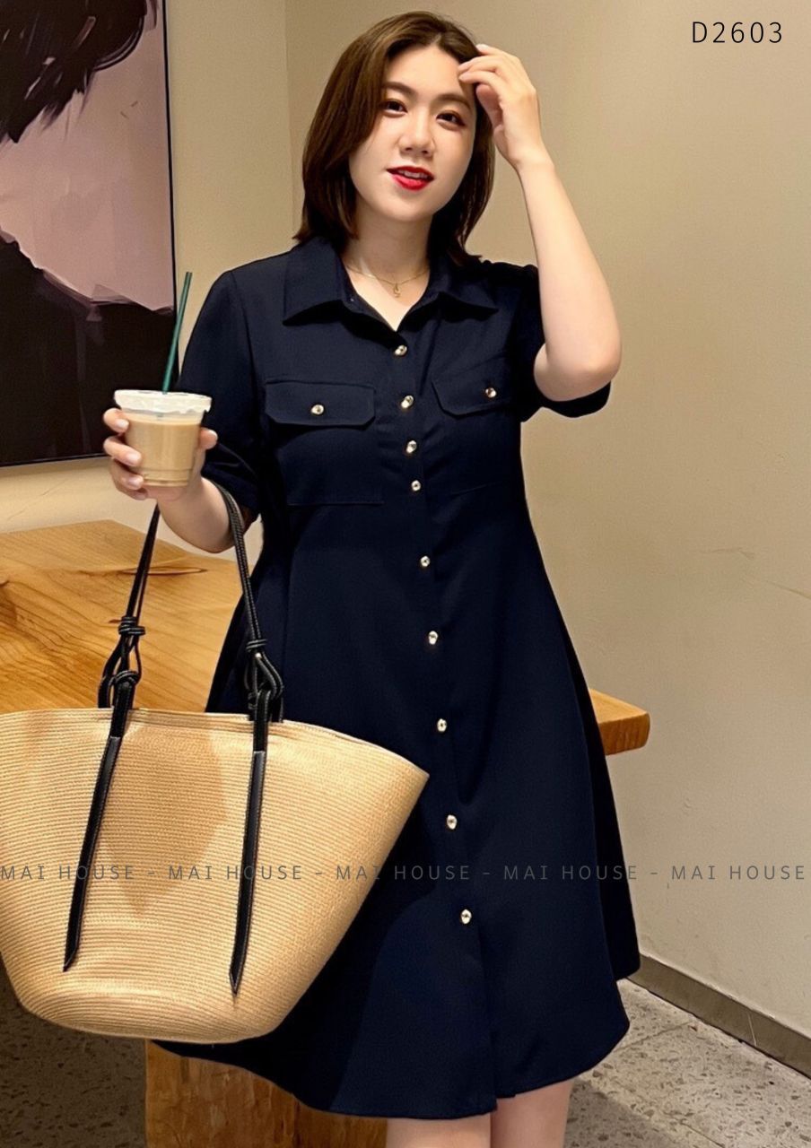 Đầm sơ mi suông bigsize có túi trước - D2603