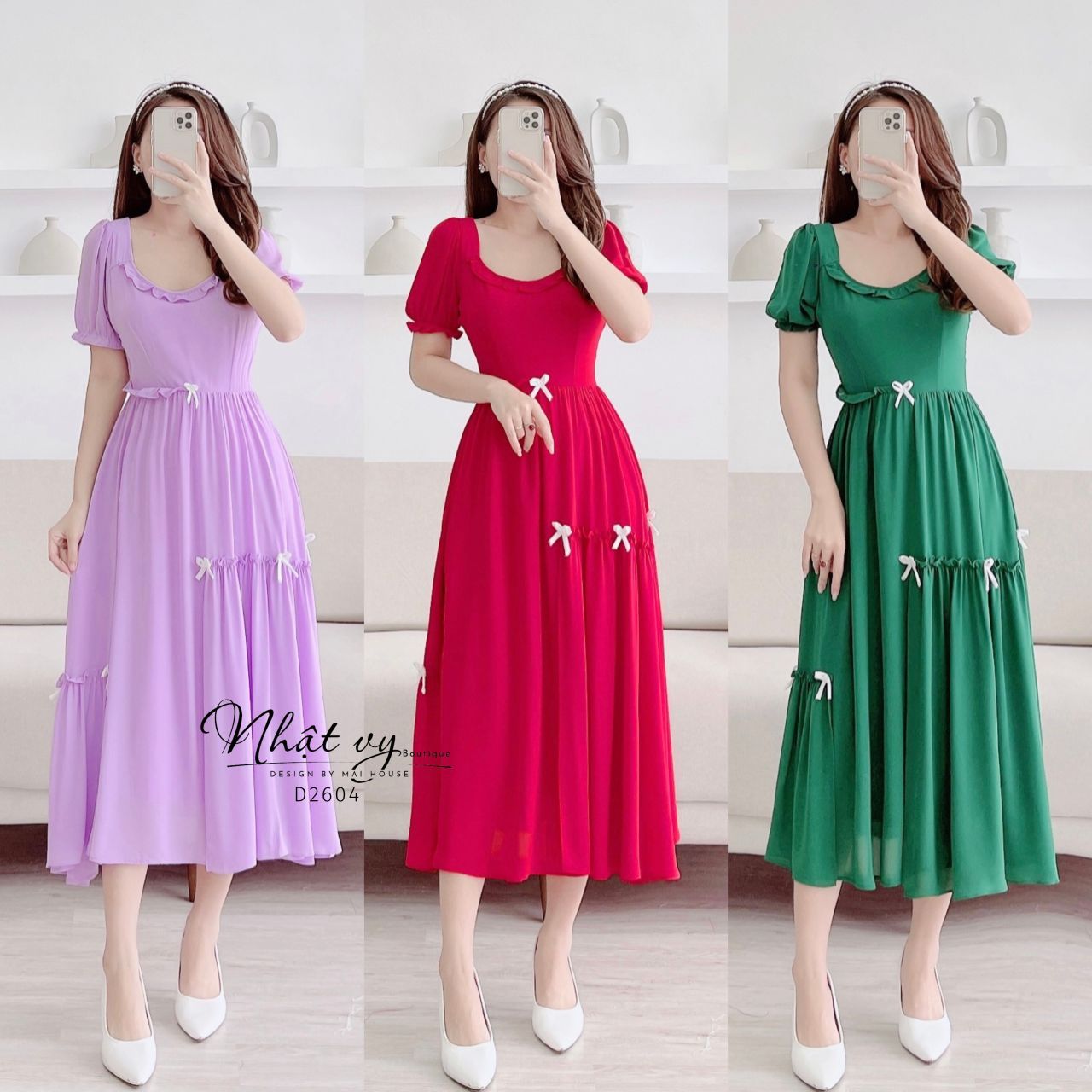 Đầm maxi cổ viền bèo cách điệu đính nơ - D2604