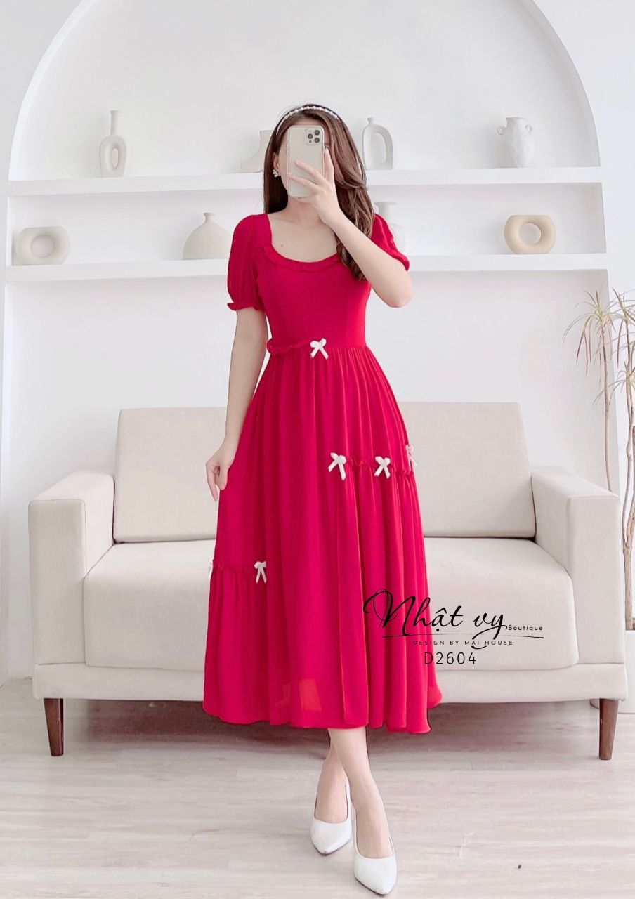 Đầm maxi cổ viền bèo cách điệu đính nơ - D2604