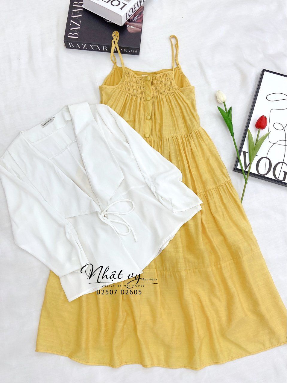 Đầm 2 dây nhún ngực đính cúc giả - D2605
