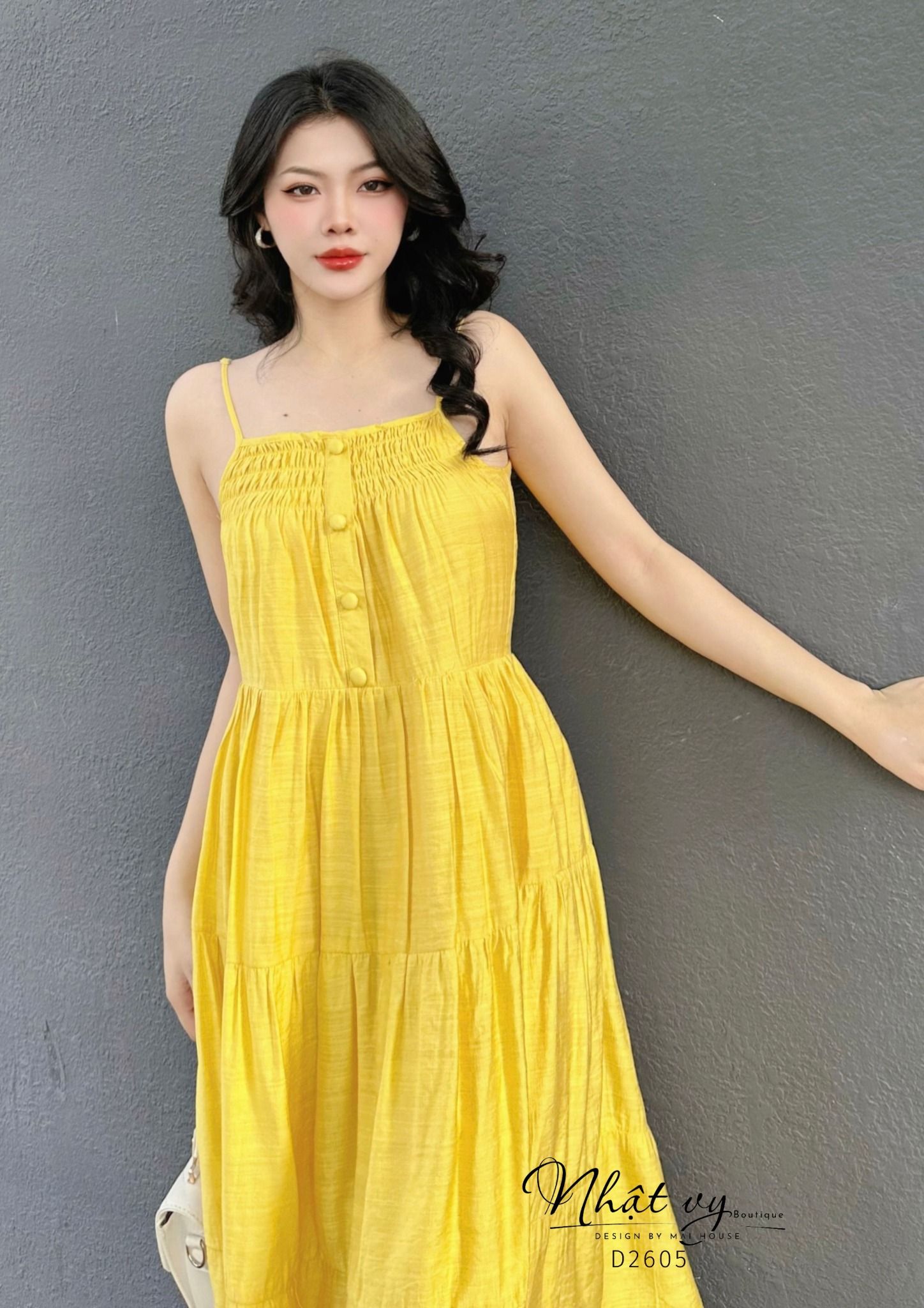 Đầm 2 dây nhún ngực đính cúc giả - D2605