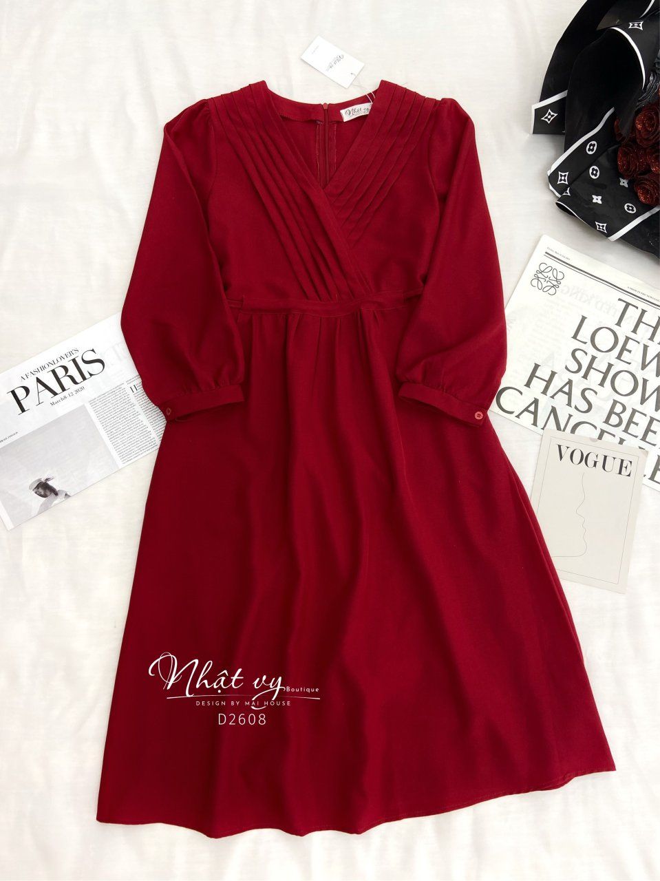 Đầm cổ V xếp ly nhún eo tay dài - D2608