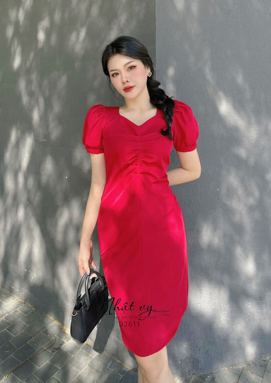 Đầm nhún ngực cổ vuông cách điệu tay phồng - D2611