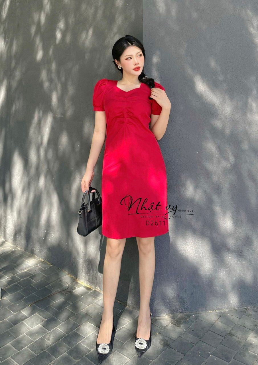 Đầm nhún ngực cổ vuông cách điệu tay phồng - D2611