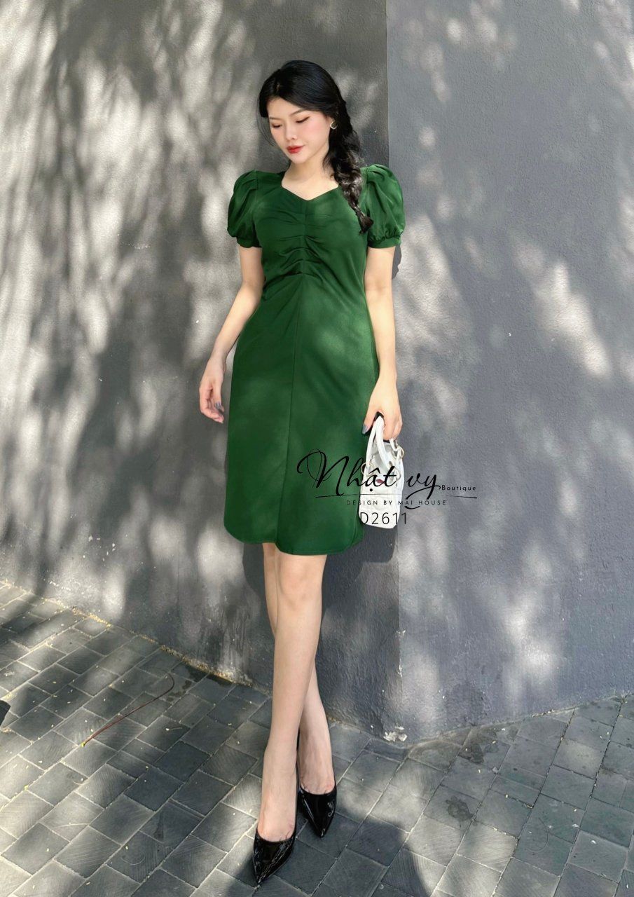 Đầm nhún ngực cổ vuông cách điệu tay phồng - D2611