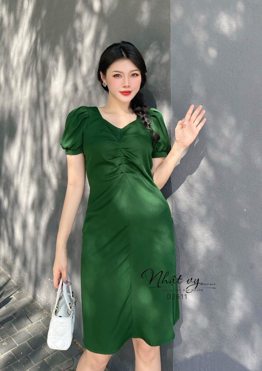 Đầm nhún ngực cổ vuông cách điệu tay phồng - D2611