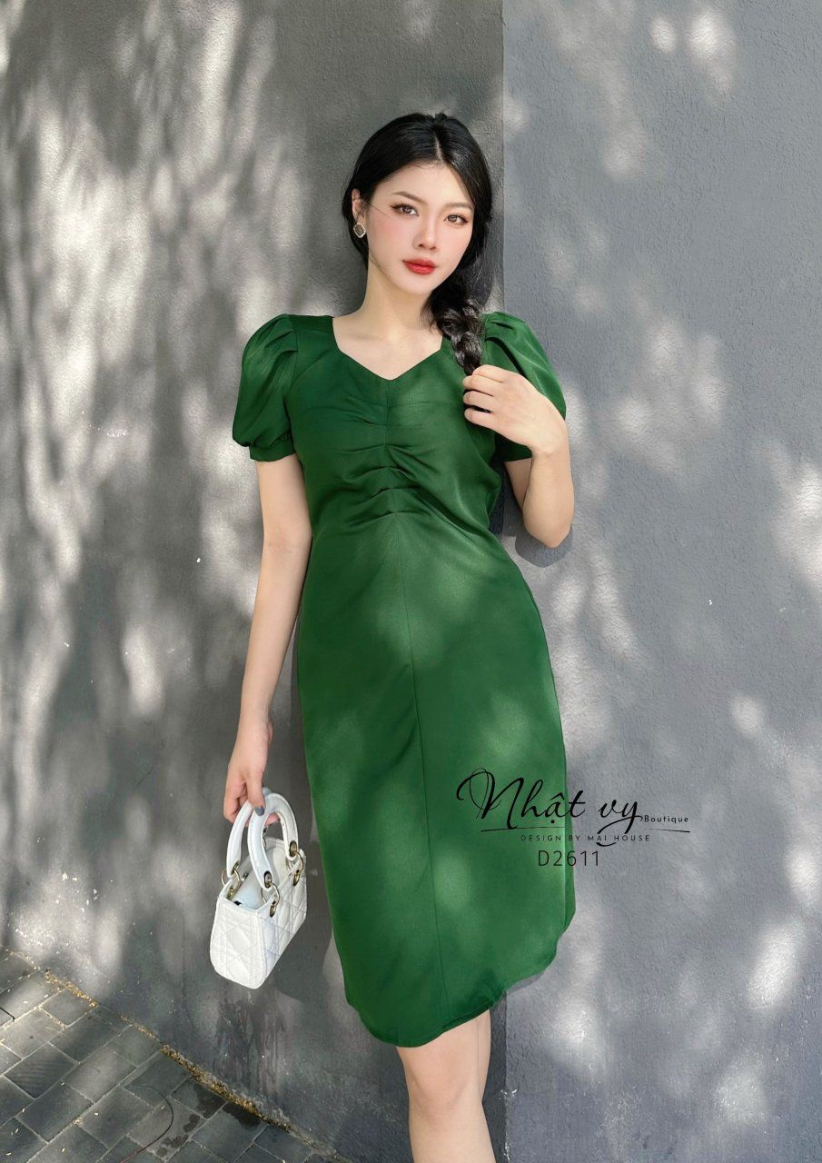 Đầm nhún ngực cổ vuông cách điệu tay phồng - D2611