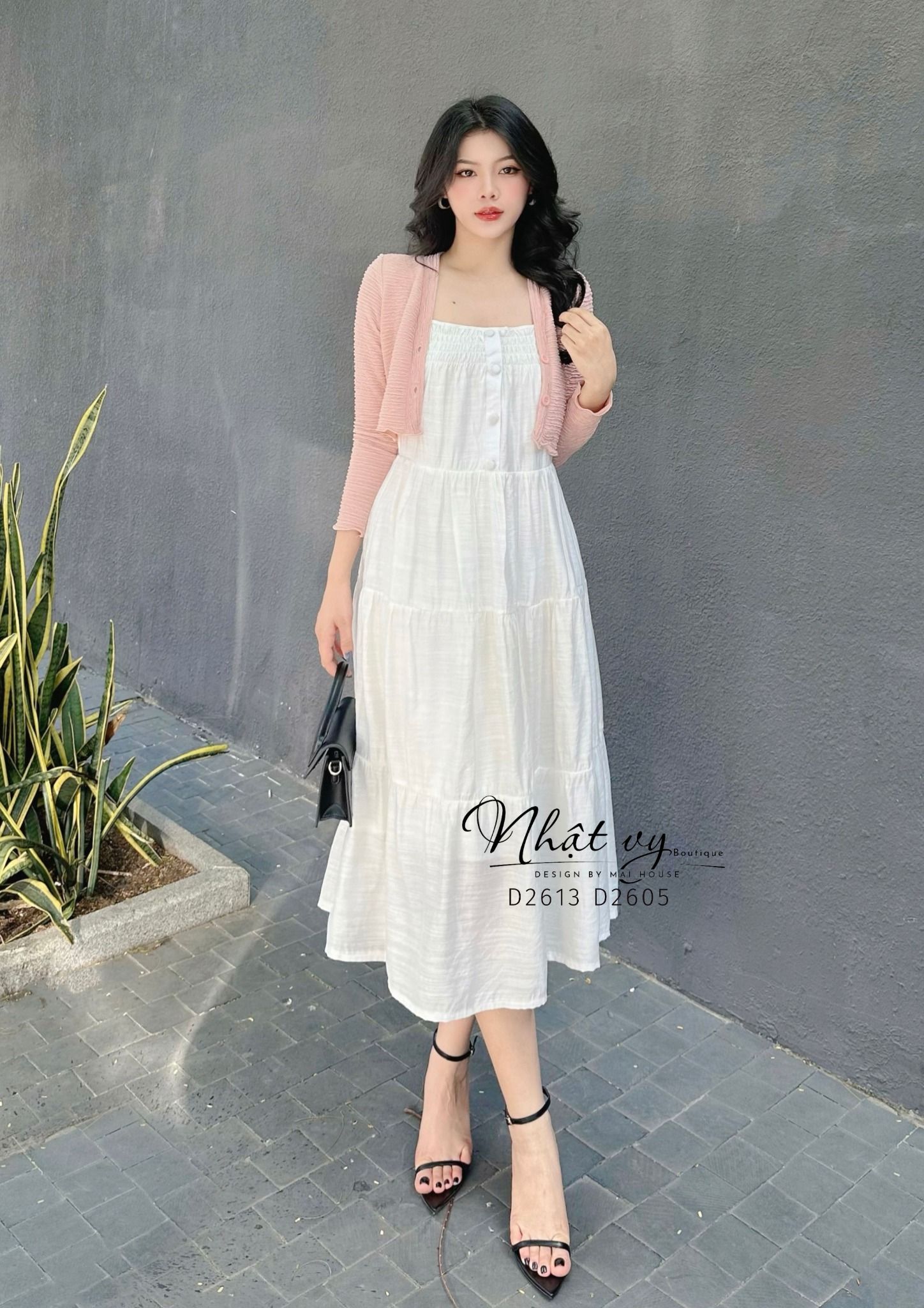 Đầm 2 dây nhún ngực đính cúc giả - D2605