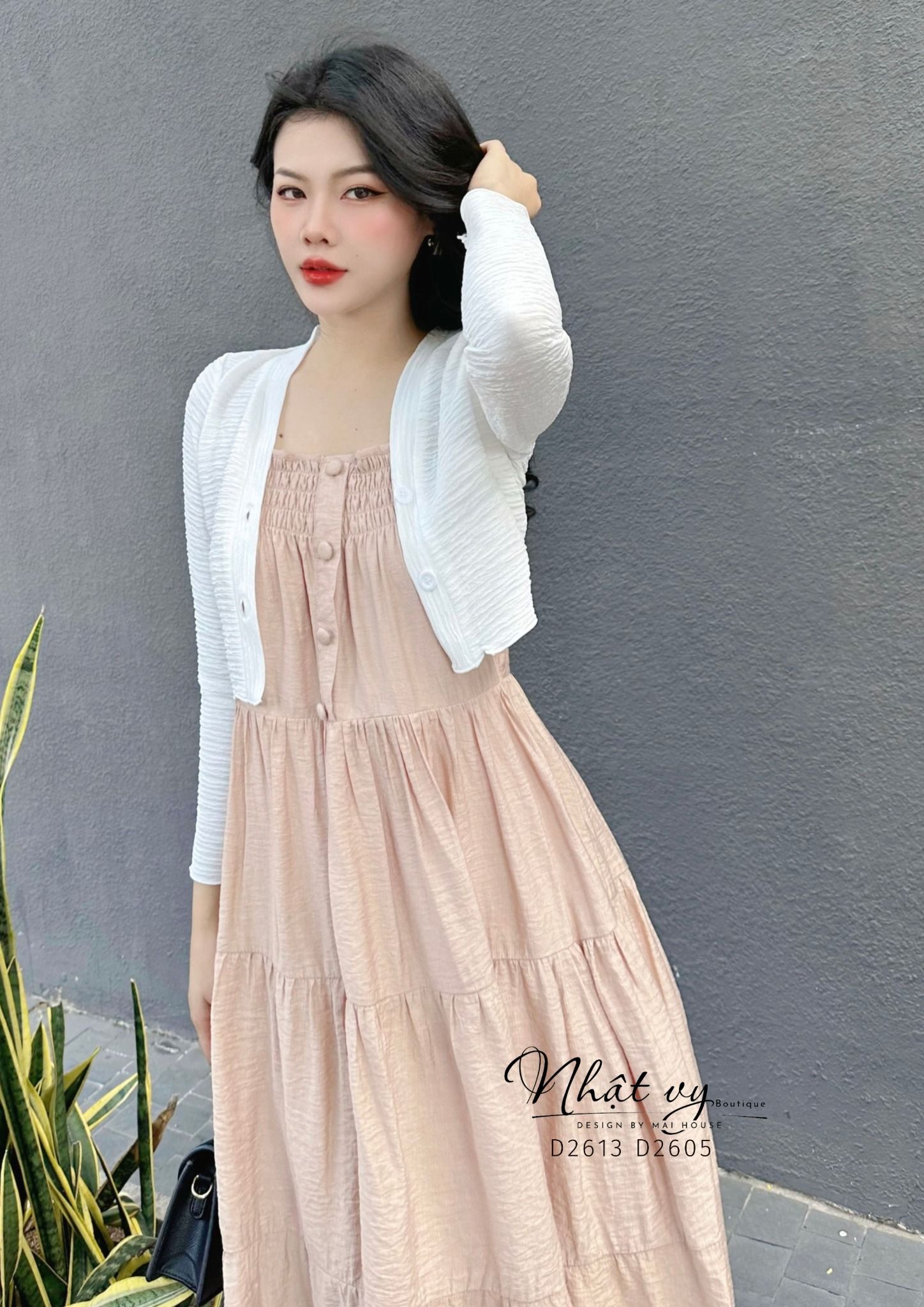 Đầm 2 dây nhún ngực đính cúc giả - D2605