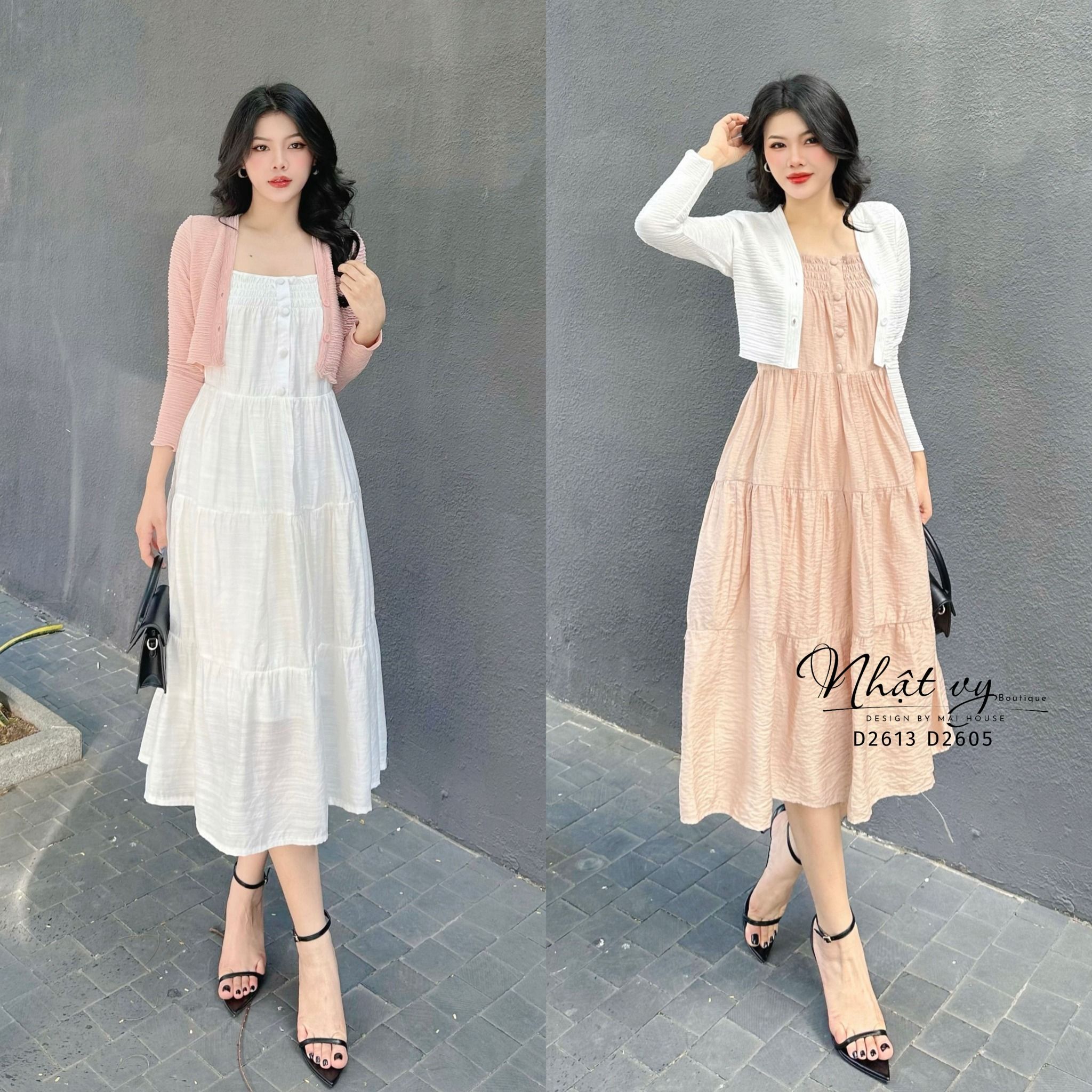 Đầm 2 dây nhún ngực đính cúc giả - D2605