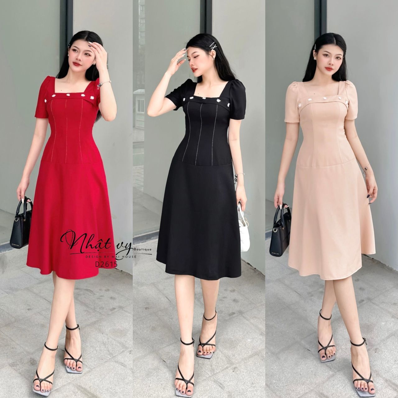 Đầm cổ vuông dáng dài viền chỉ nổi - D2615