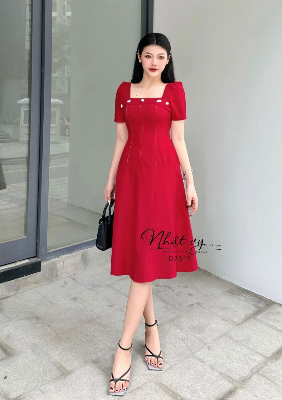 Đầm cổ vuông dáng dài viền chỉ nổi - D2615
