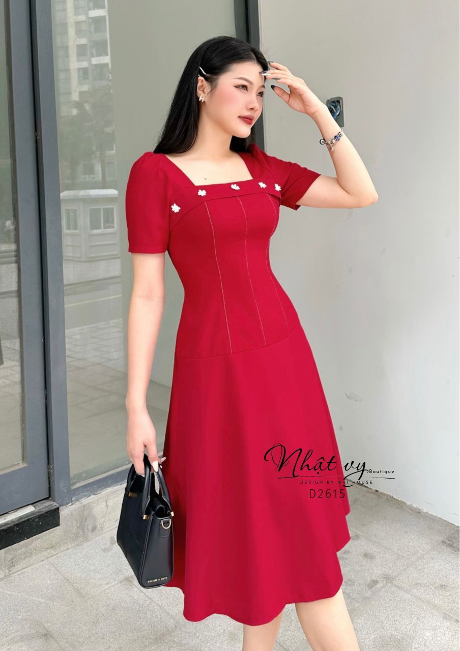 Đầm cổ vuông dáng dài viền chỉ nổi - D2615