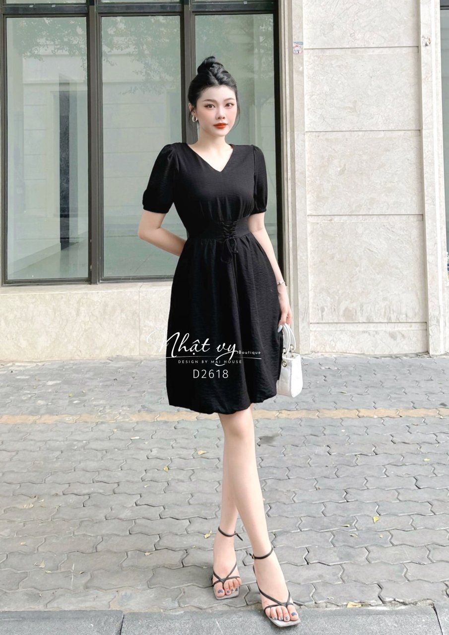 Đầm cổ V rút dây eo tay lửng - D2618
