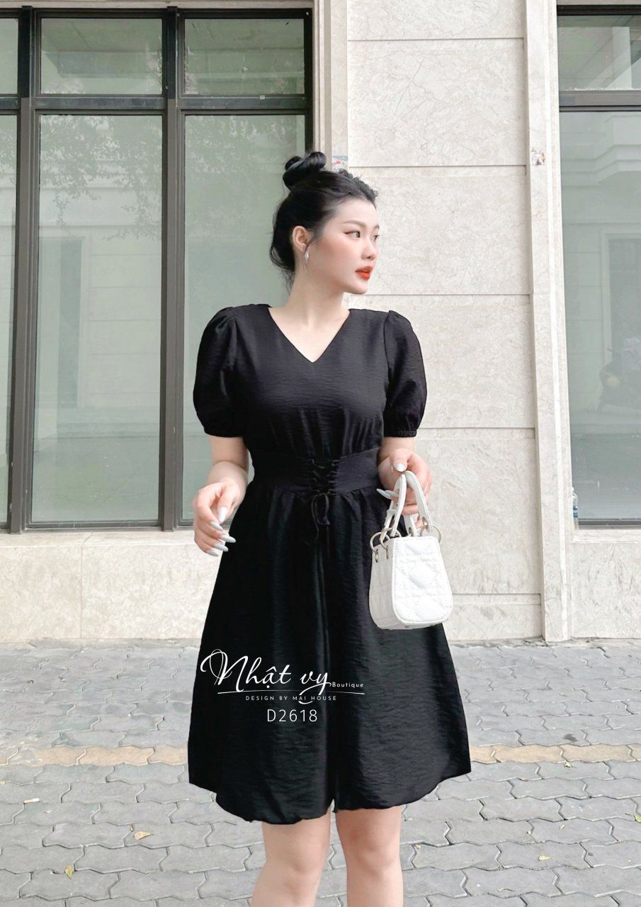 Đầm cổ V rút dây eo tay lửng - D2618