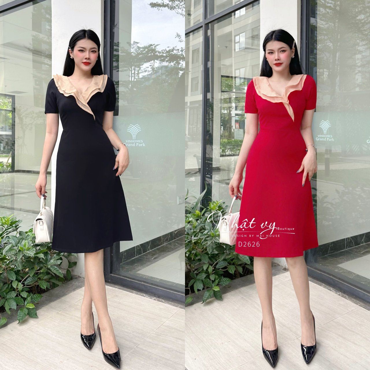 Đầm cổ tim phối bèo tầng dáng ôm - D2626