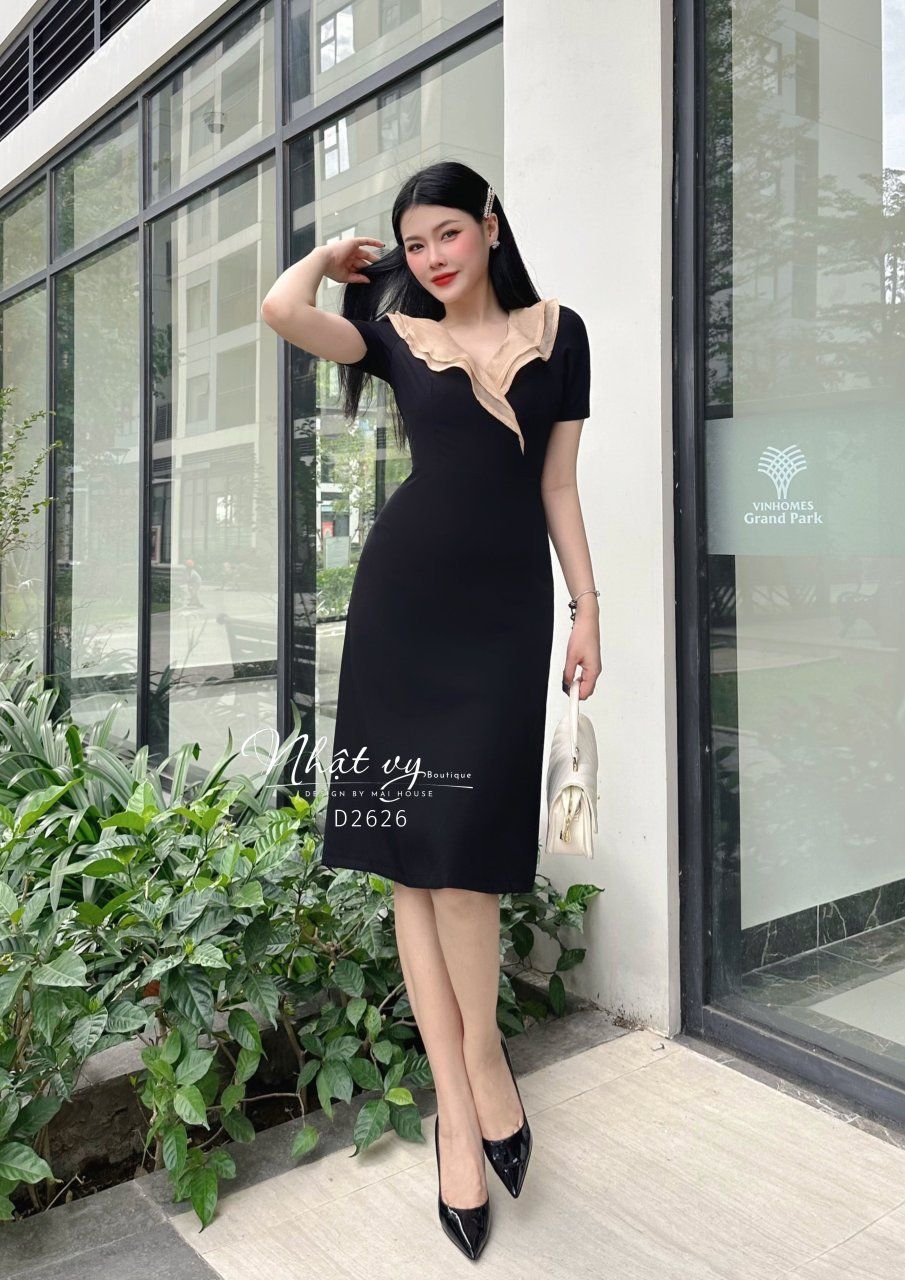 Đầm cổ tim phối bèo tầng dáng ôm - D2626