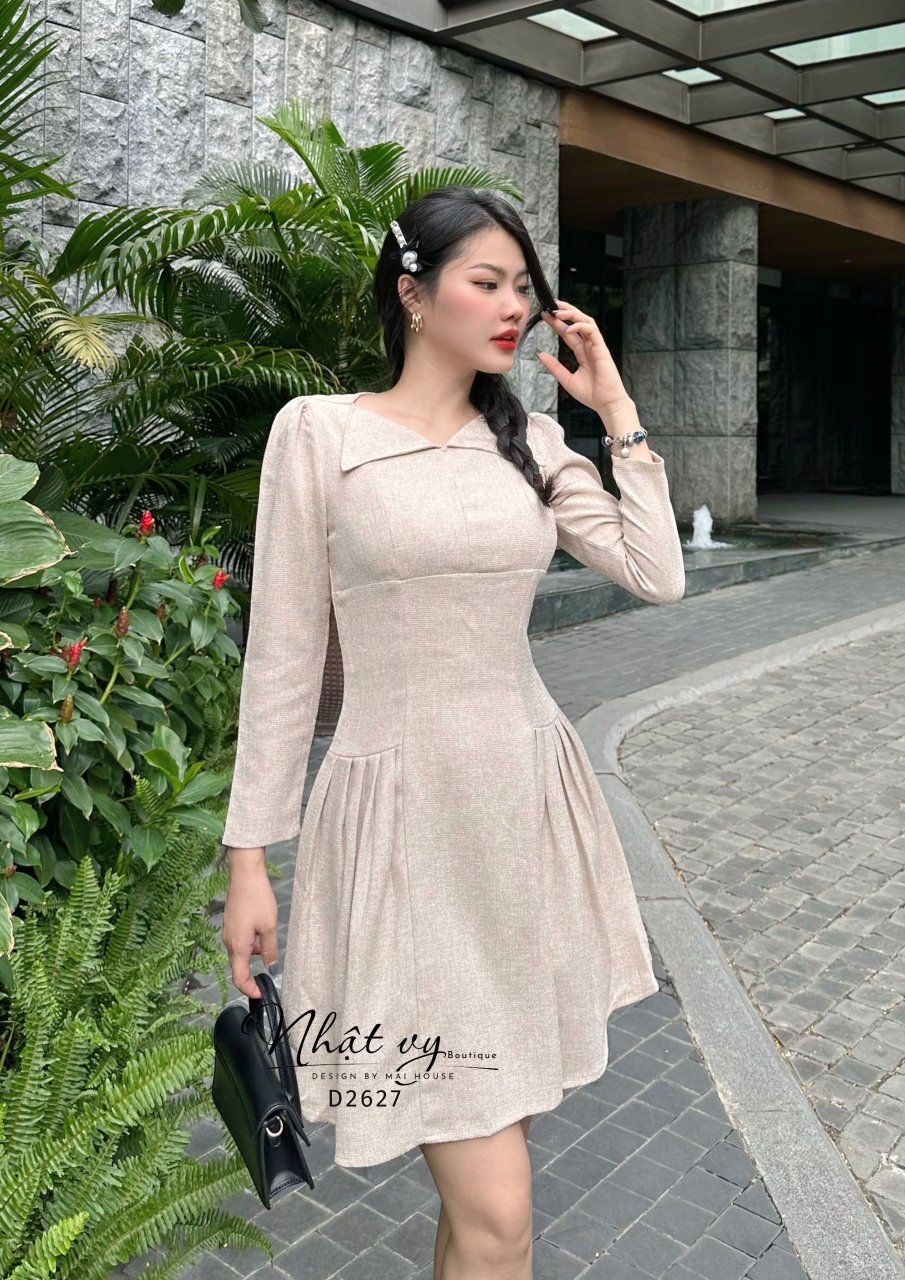 Đầm cổ tim tay dài dáng ôm xếp ly kiểu - D2627
