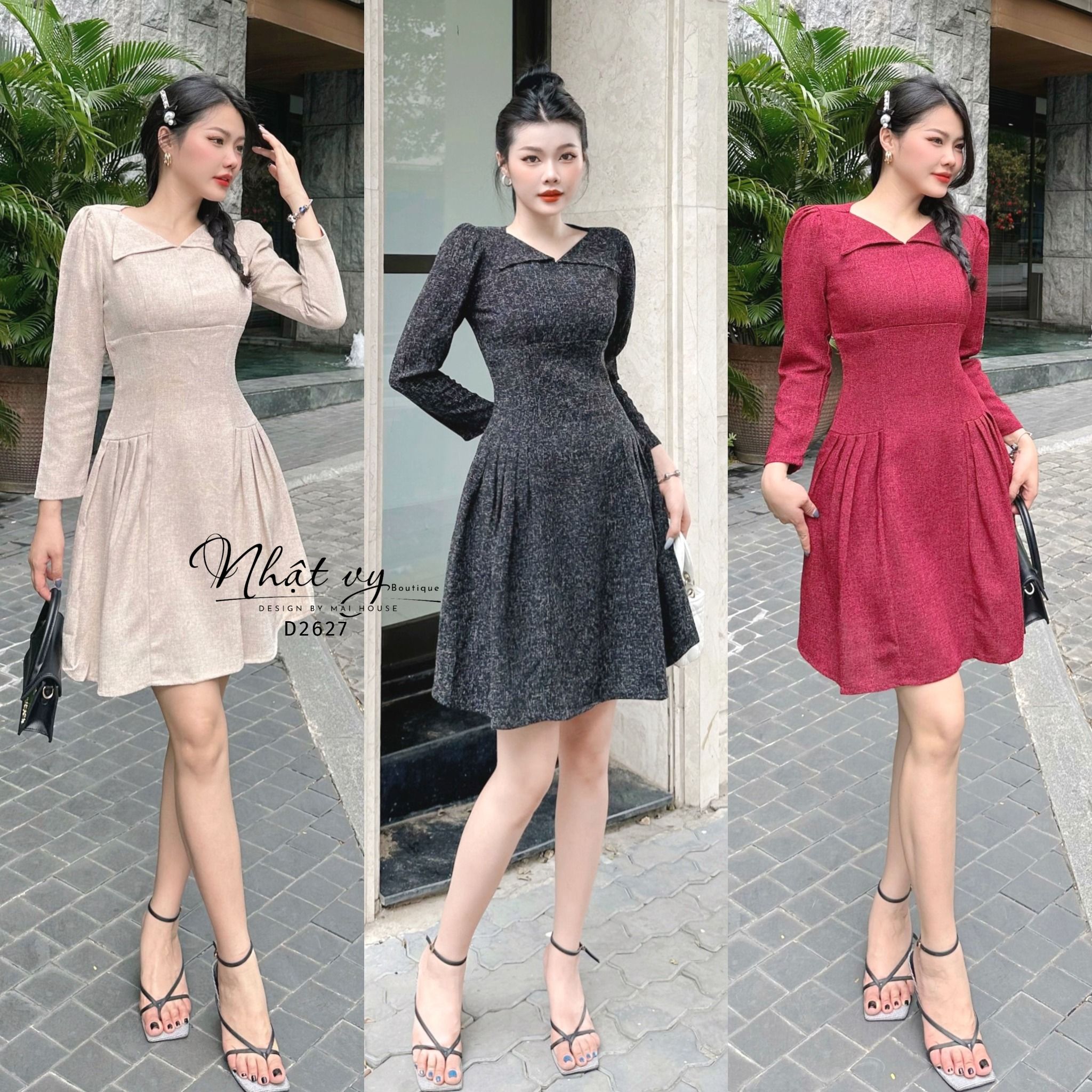 Đầm cổ tim tay dài dáng ôm xếp ly kiểu - D2627