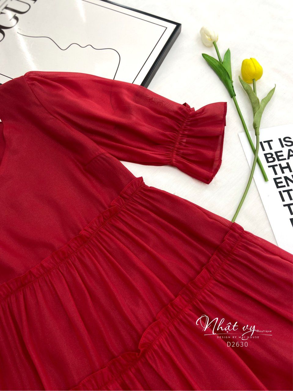 Đầm cổ tim dáng xòe tầng tay lỡ - D2630