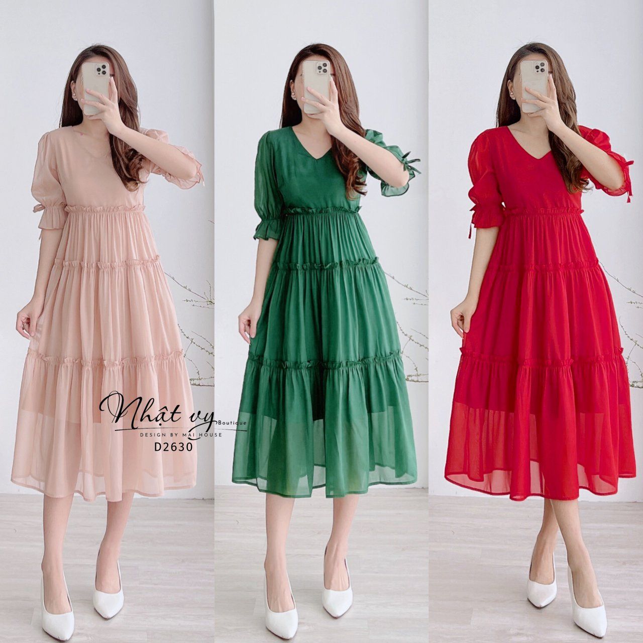 Đầm cổ tim dáng xòe tầng tay lỡ - D2630