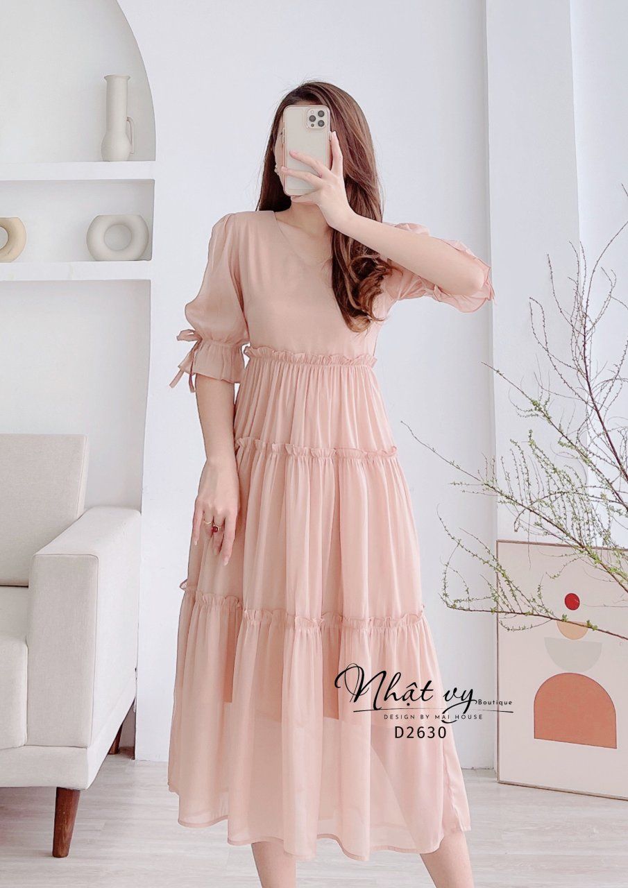 Đầm cổ tim dáng xòe tầng tay lỡ - D2630