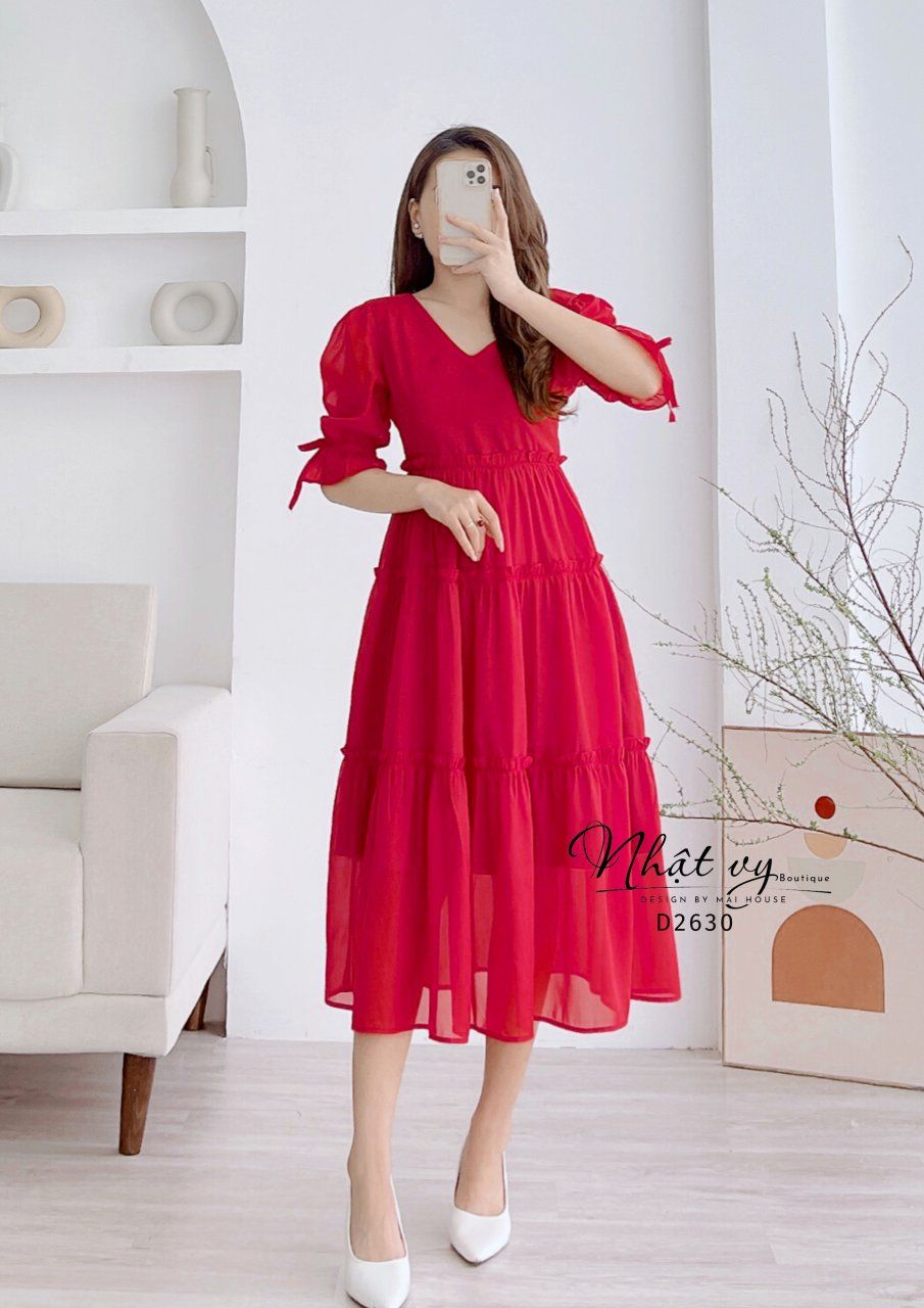 Đầm cổ tim dáng xòe tầng tay lỡ - D2630