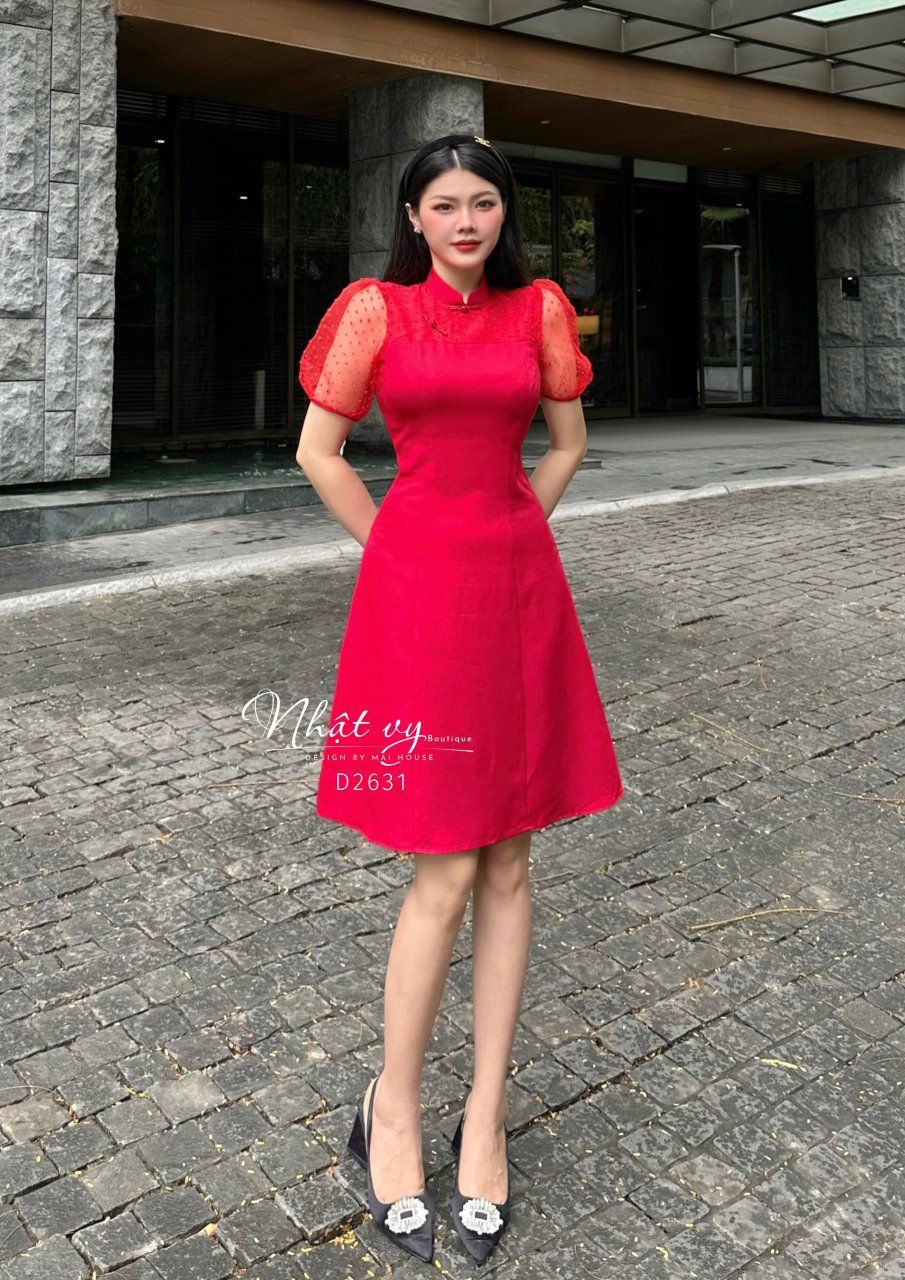 Sườn xám phối lưới form dáng xoè - D2631