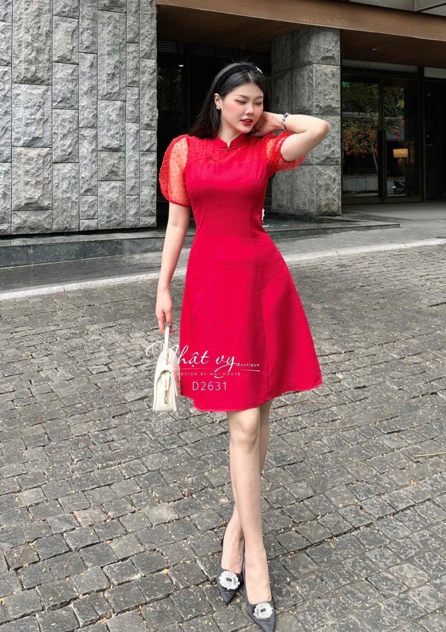 Sườn xám phối lưới form dáng xoè - D2631