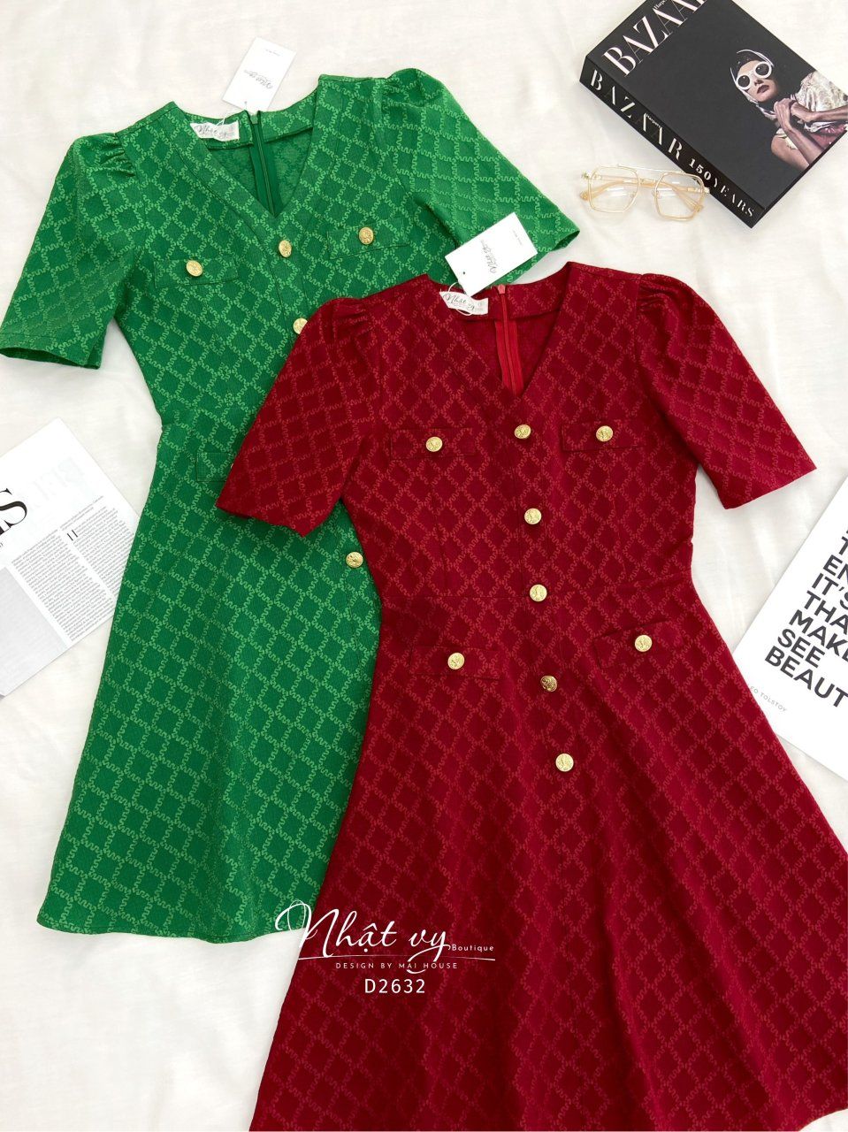Đầm cổ tim dáng xoè đính cúc giả - D2632