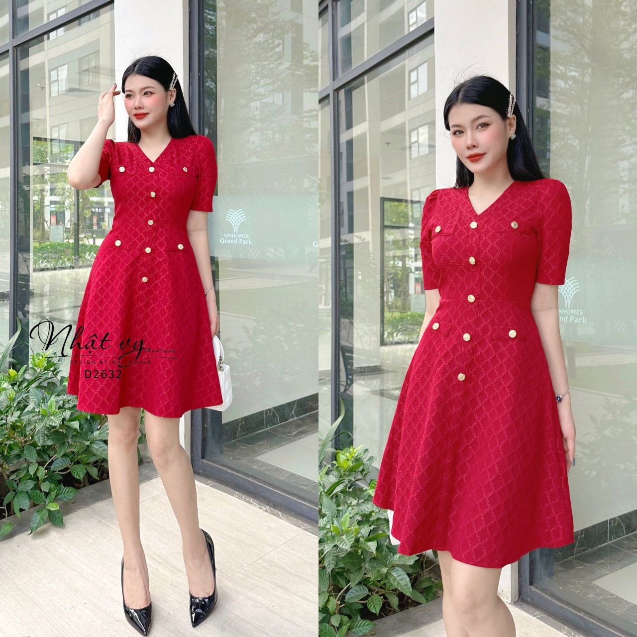 Đầm cổ tim dáng xoè đính cúc giả - D2632