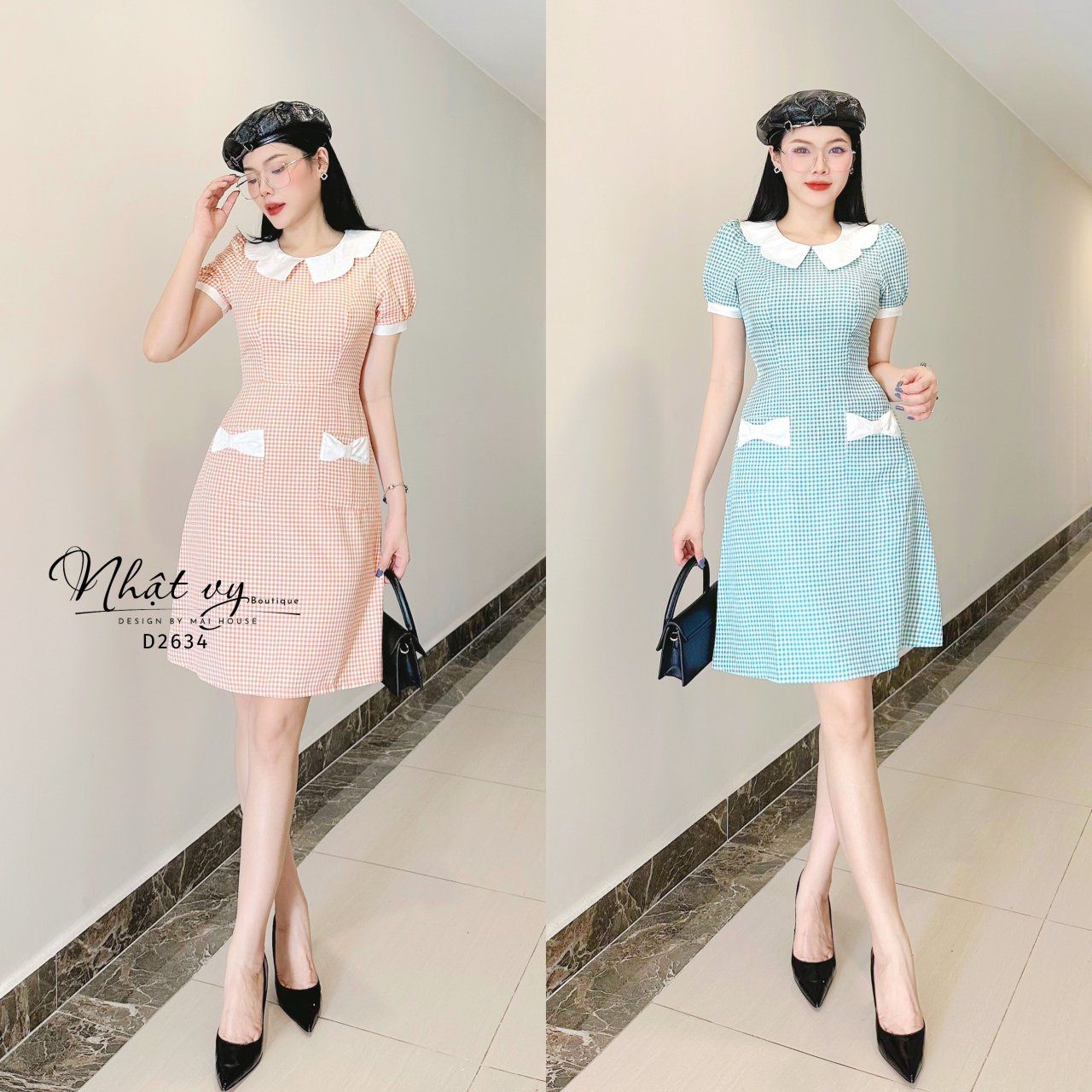 Đầm caro nhí cổ tròn tay phồng phối túi - D2634