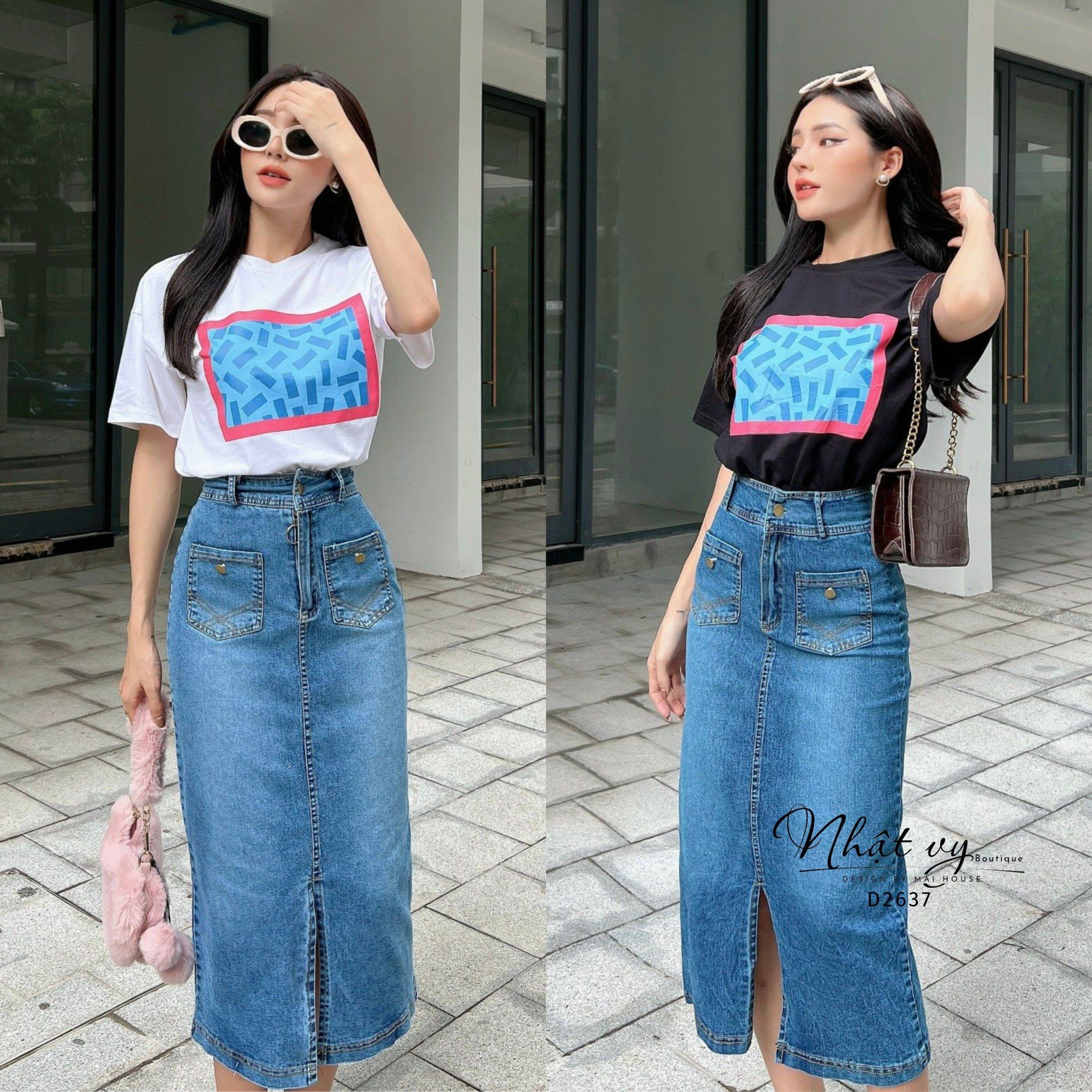 Set áo thun in hình phối chân váy jean - D2637