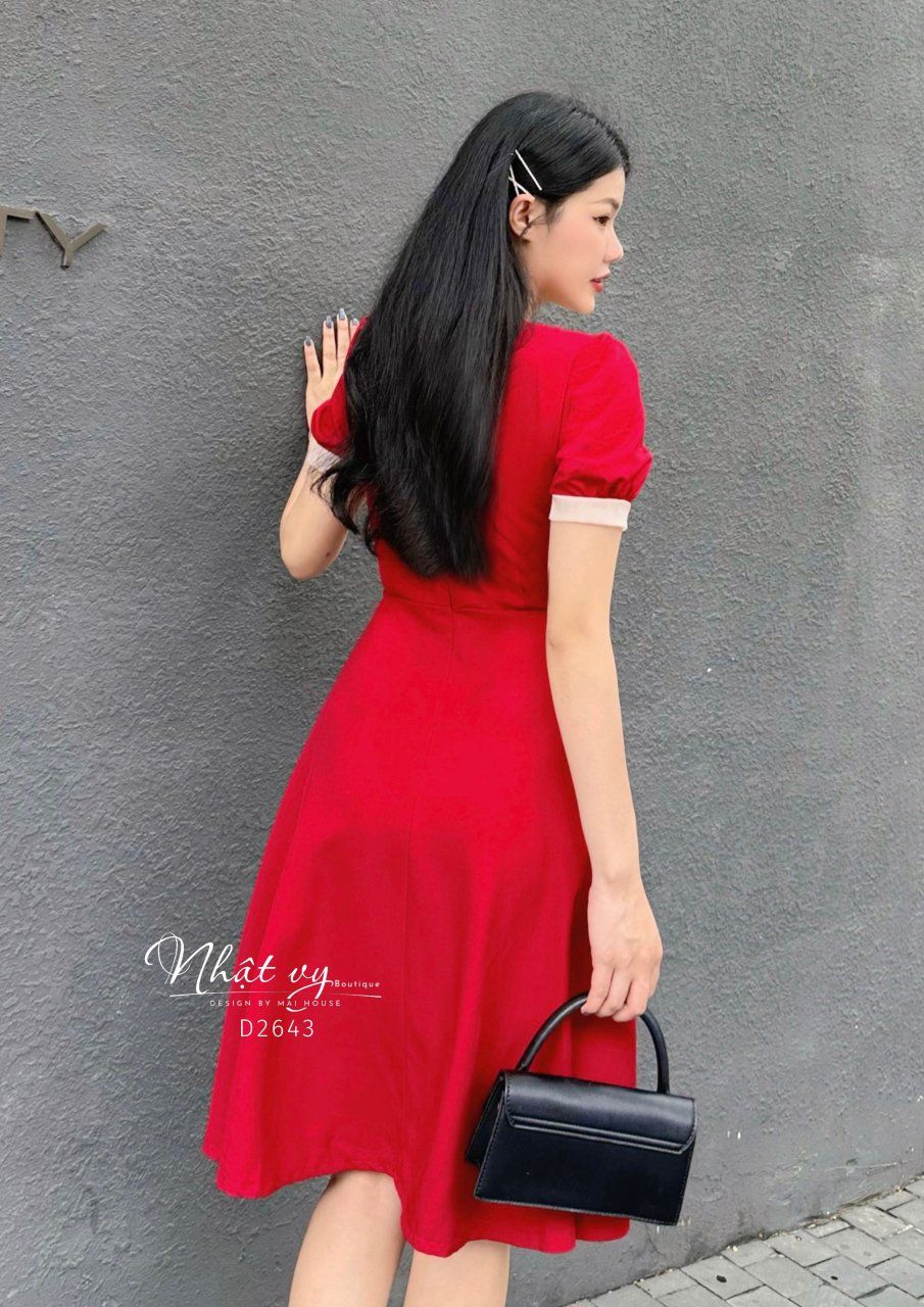 Đầm cổ tim form dáng xoè phối nơ cổ 2 tầng - D2643