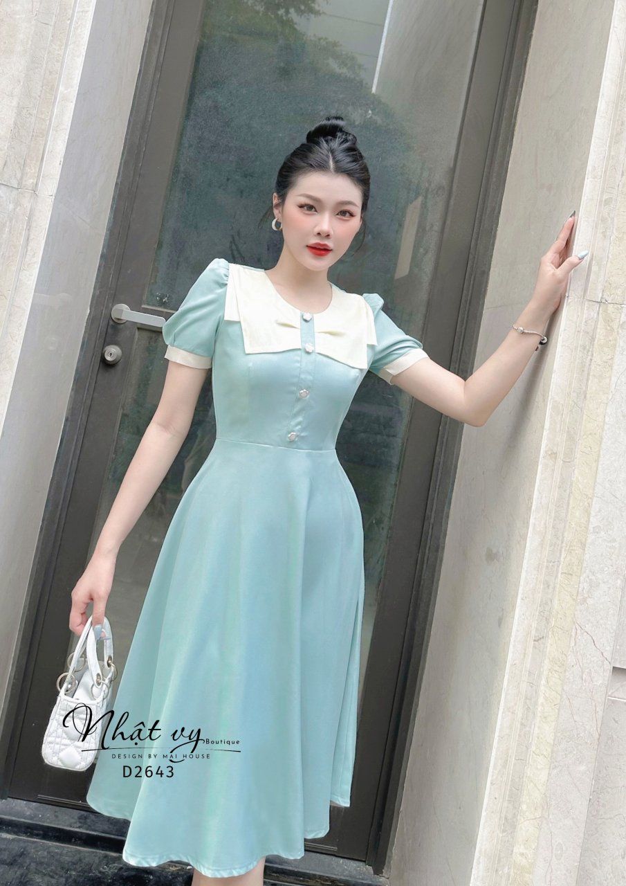 Đầm cổ tim form dáng xoè phối nơ cổ 2 tầng - D2643