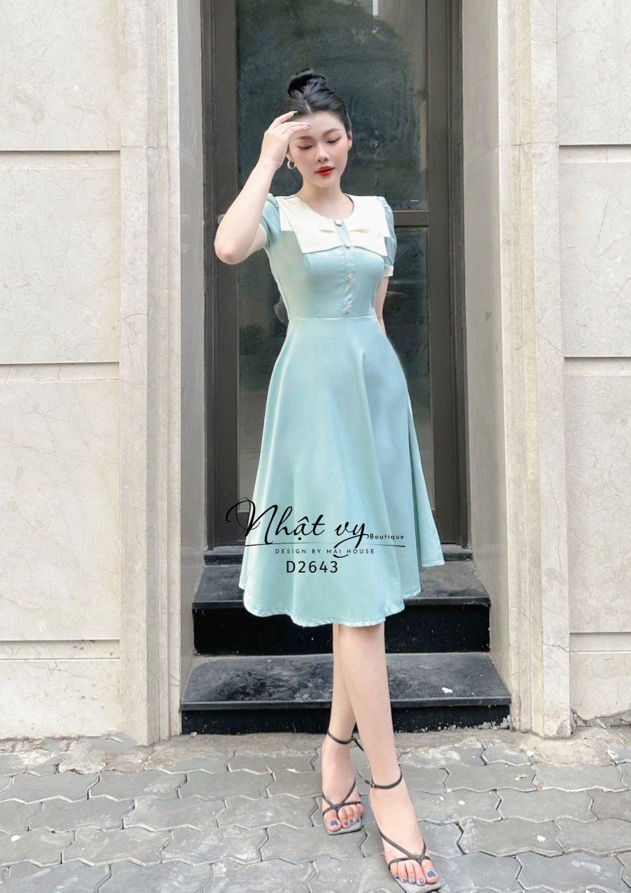 Đầm cổ tim form dáng xoè phối nơ cổ 2 tầng - D2643