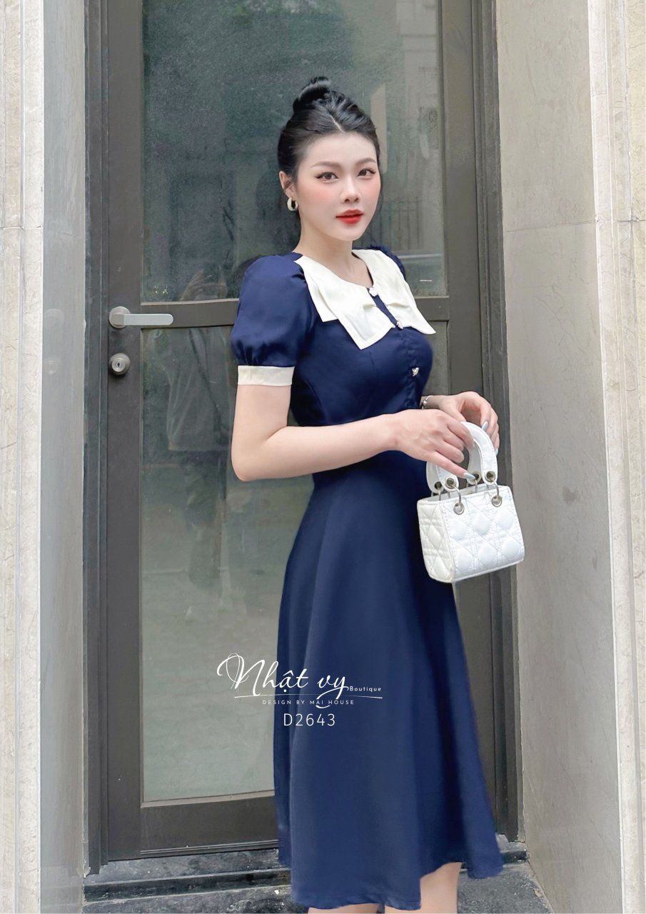 Đầm cổ tim form dáng xoè phối nơ cổ 2 tầng - D2643