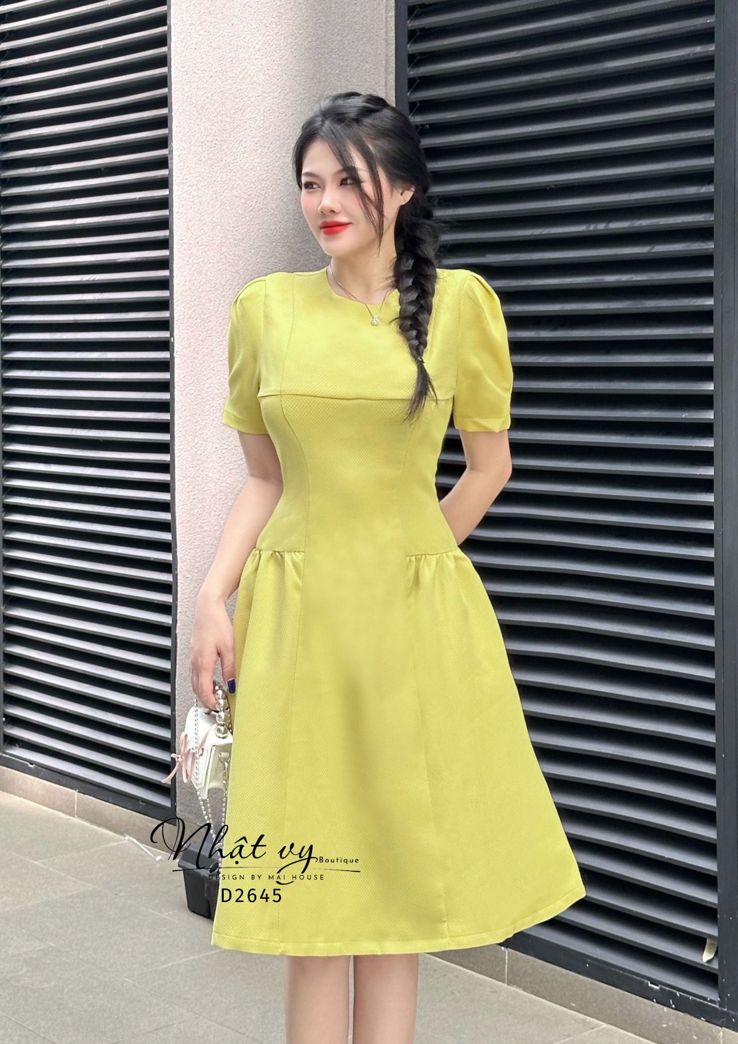 Đầm xốp cổ tròn tay phồng nhún bên eo cách điệu - D2645
