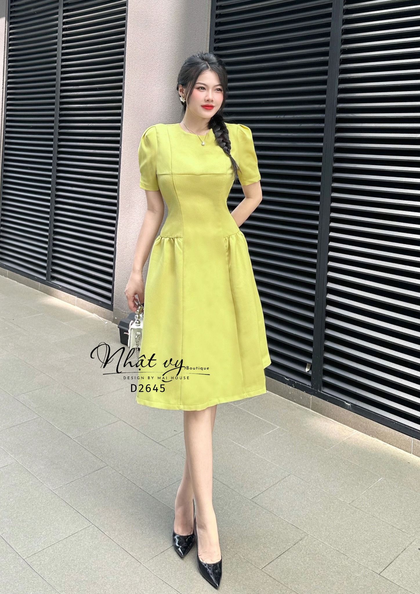 Đầm xốp cổ tròn tay phồng nhún bên eo cách điệu - D2645