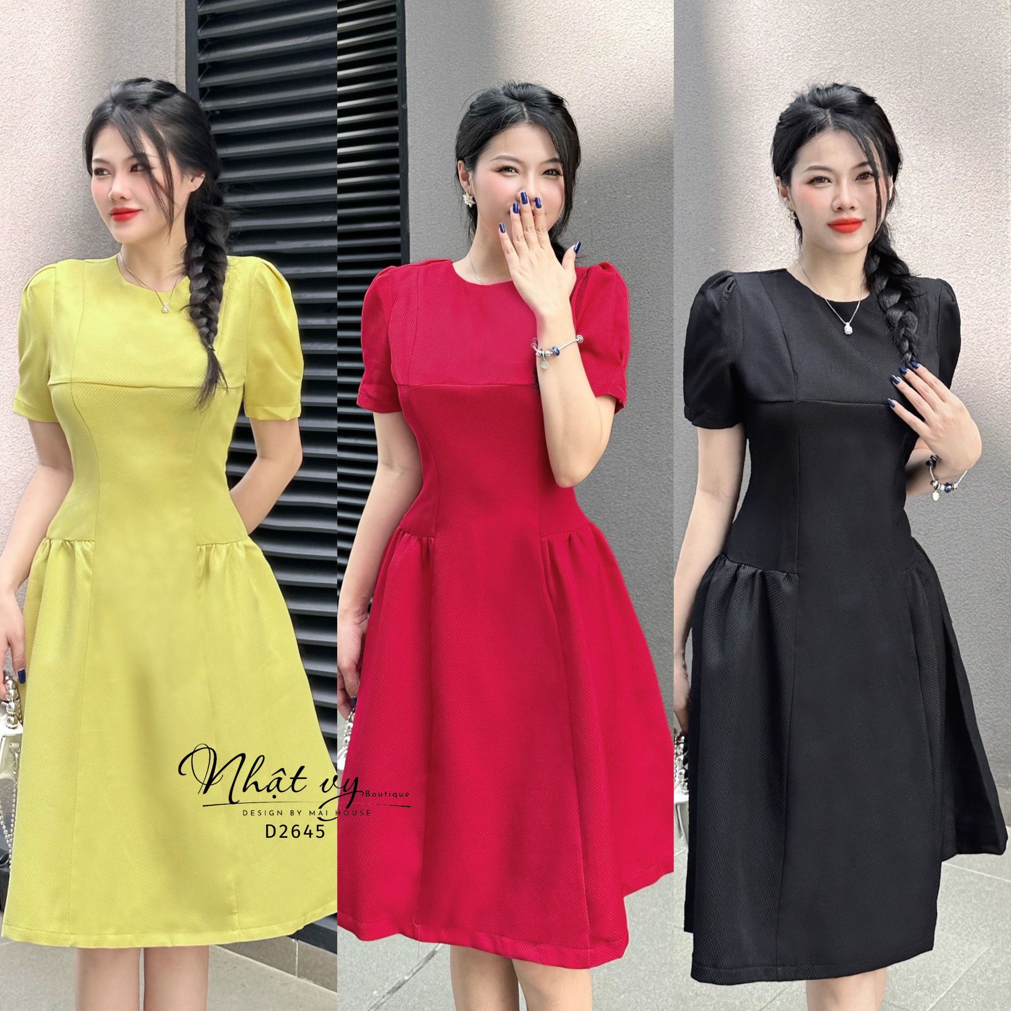 Đầm xốp cổ tròn tay phồng nhún bên eo cách điệu - D2645