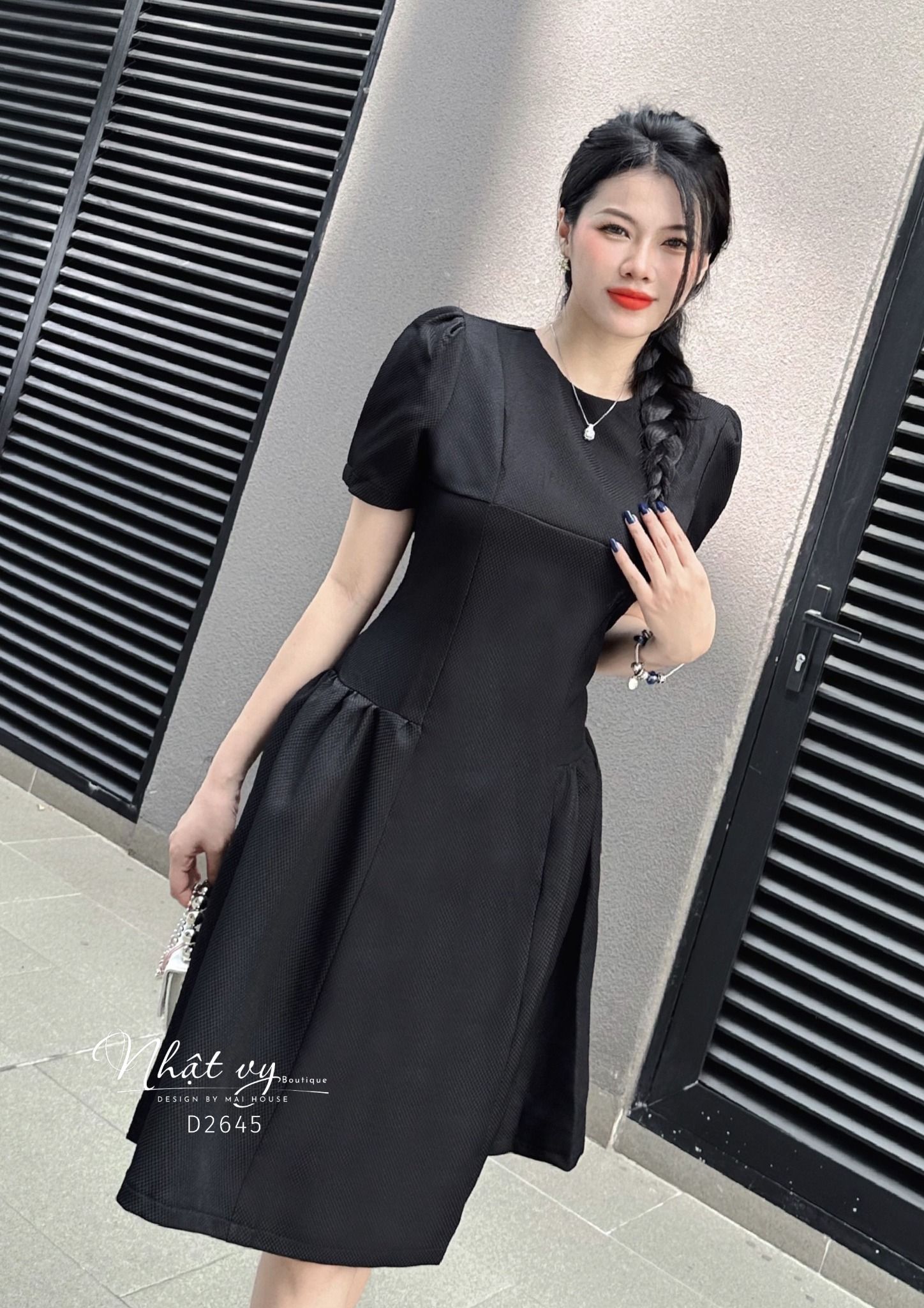 Đầm xốp cổ tròn tay phồng nhún bên eo cách điệu - D2645
