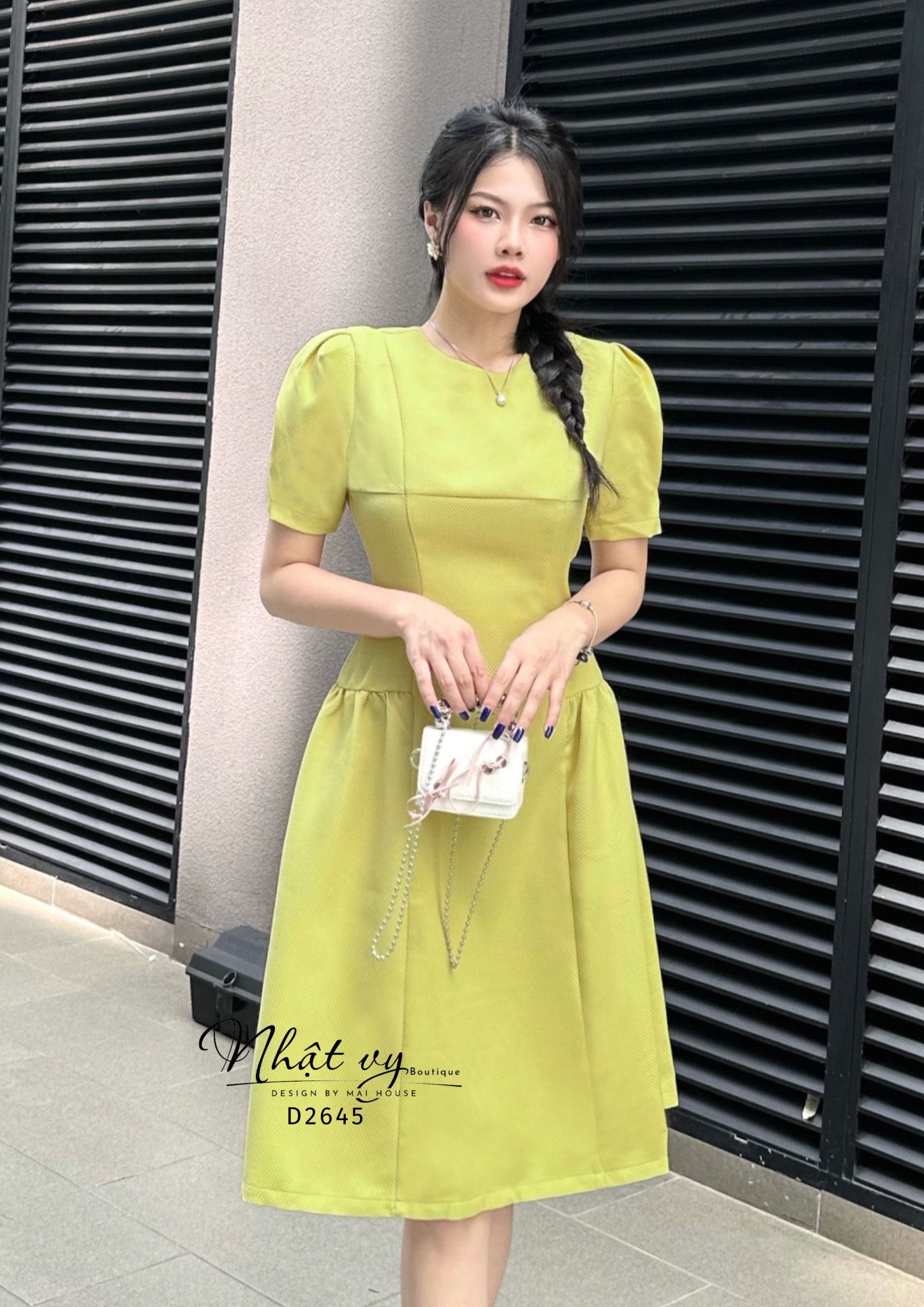 Đầm xốp cổ tròn tay phồng nhún bên eo cách điệu - D2645