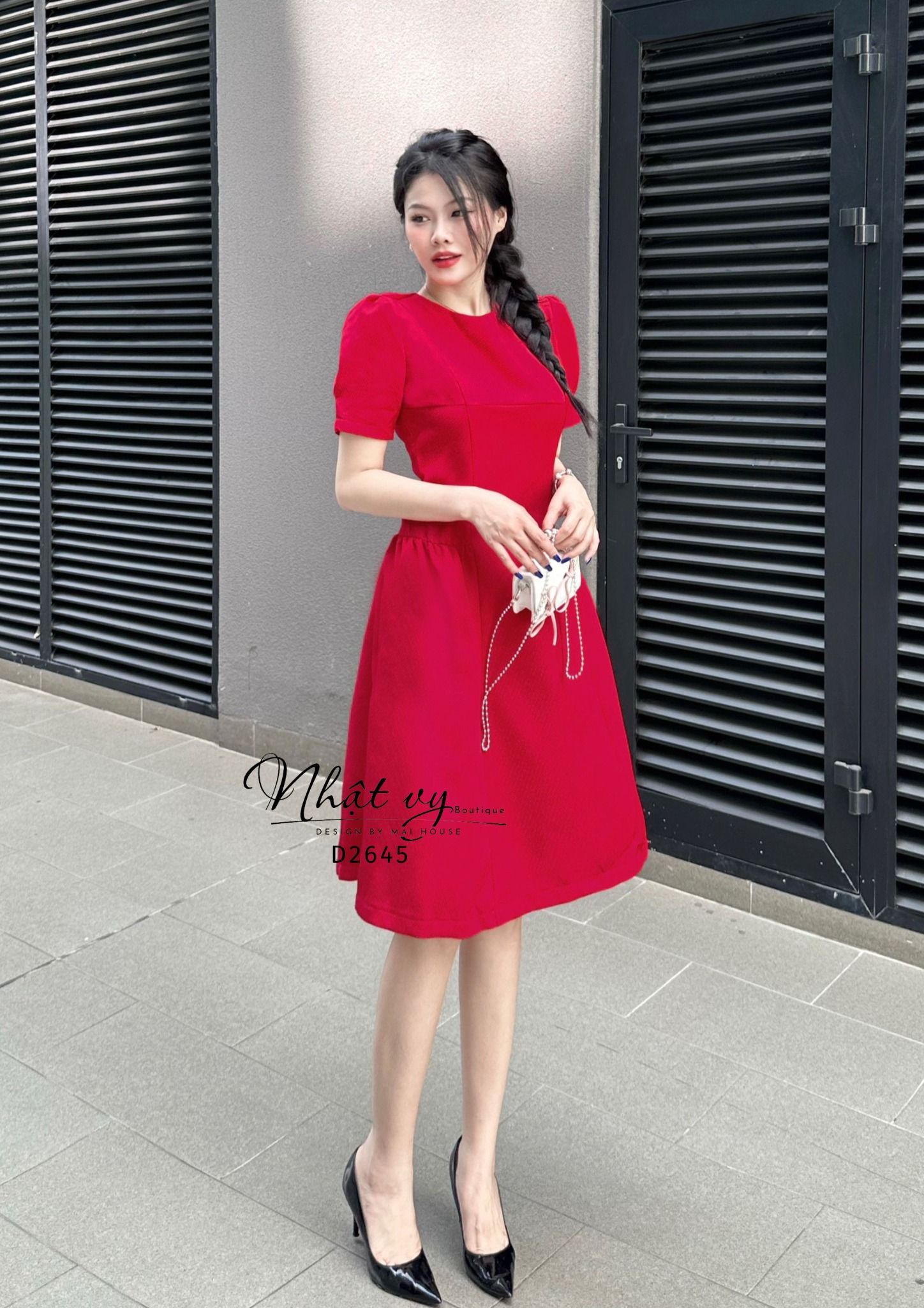 Đầm xốp cổ tròn tay phồng nhún bên eo cách điệu - D2645
