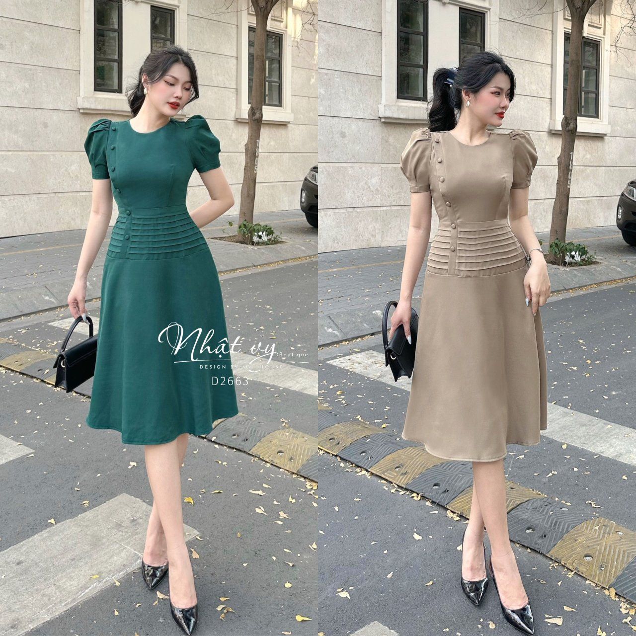 Đầm cổ tròn đính cúc bọc eo dập ly - D2663