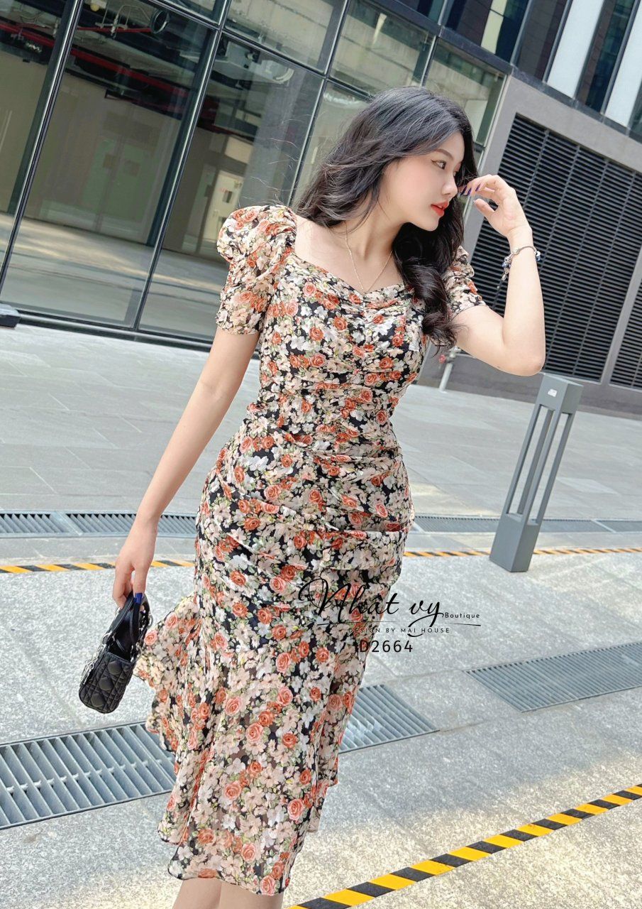 Đầm hoa đuôi cá form dáng ôm - D2664