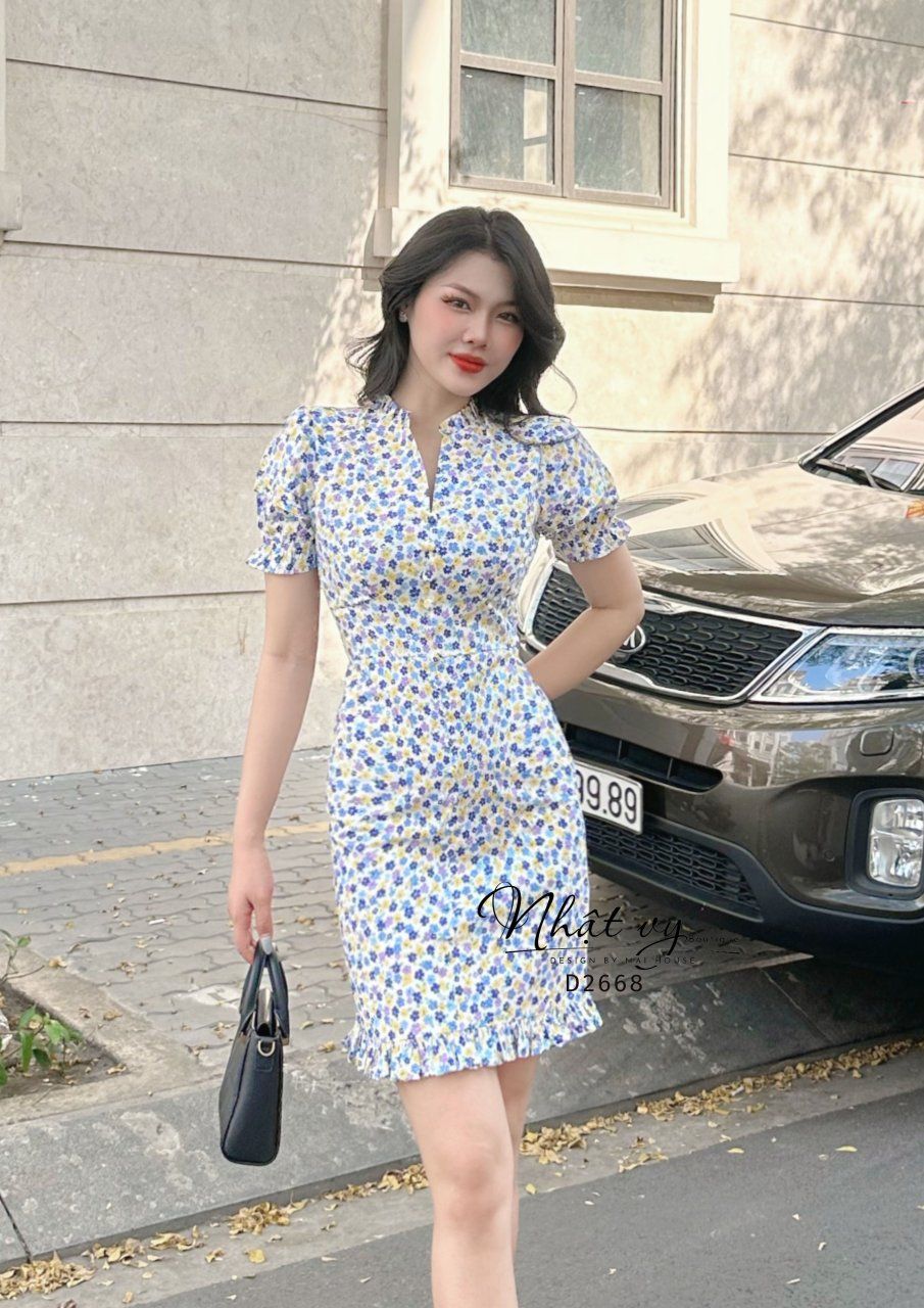 Đầm hoa nhí cổ tàu form dáng ôm - D2668