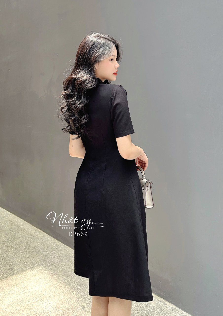 Đầm xoắn eo cổ sơ mi đính cúc giả - D2669