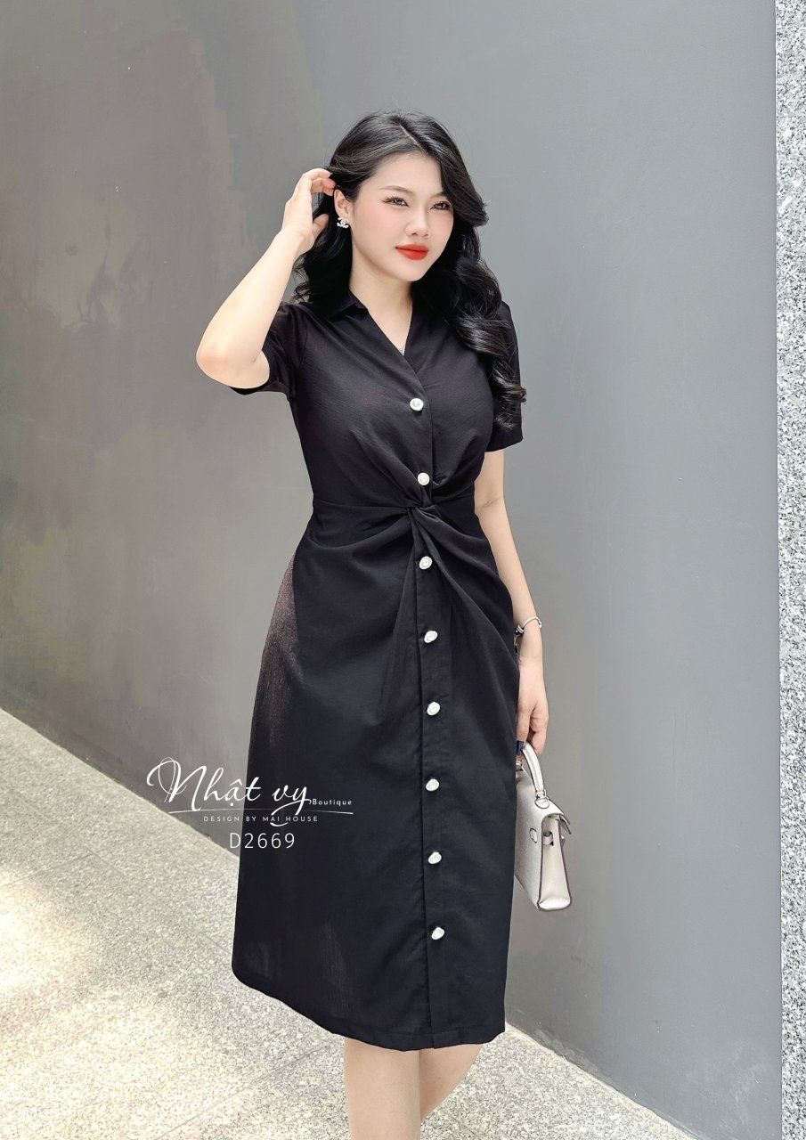 Đầm xoắn eo cổ sơ mi đính cúc giả - D2669